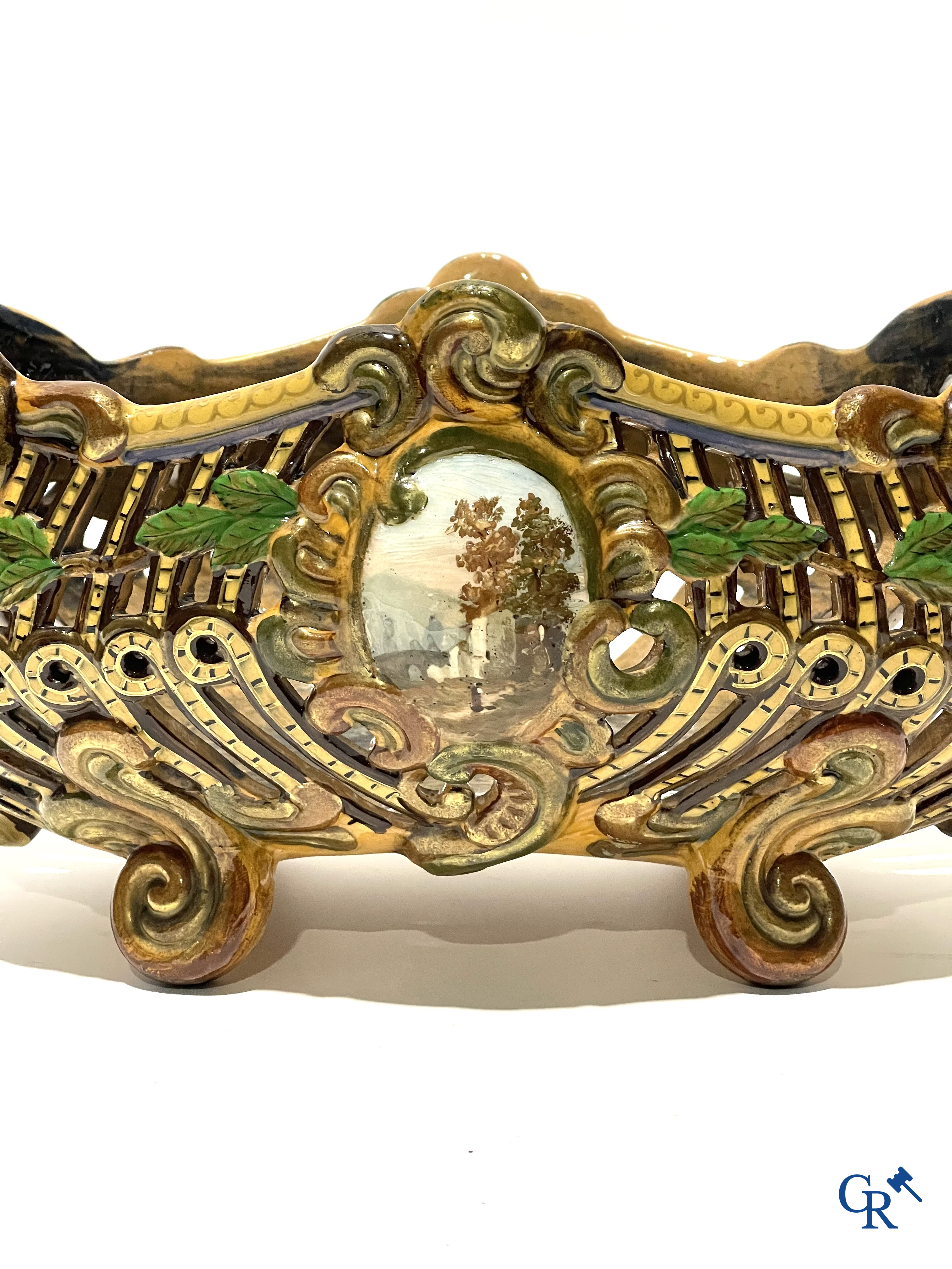 Emile Gallé Nancy, large table centrepiece in enamelled faience. Signed Gallé Nancy deposé.