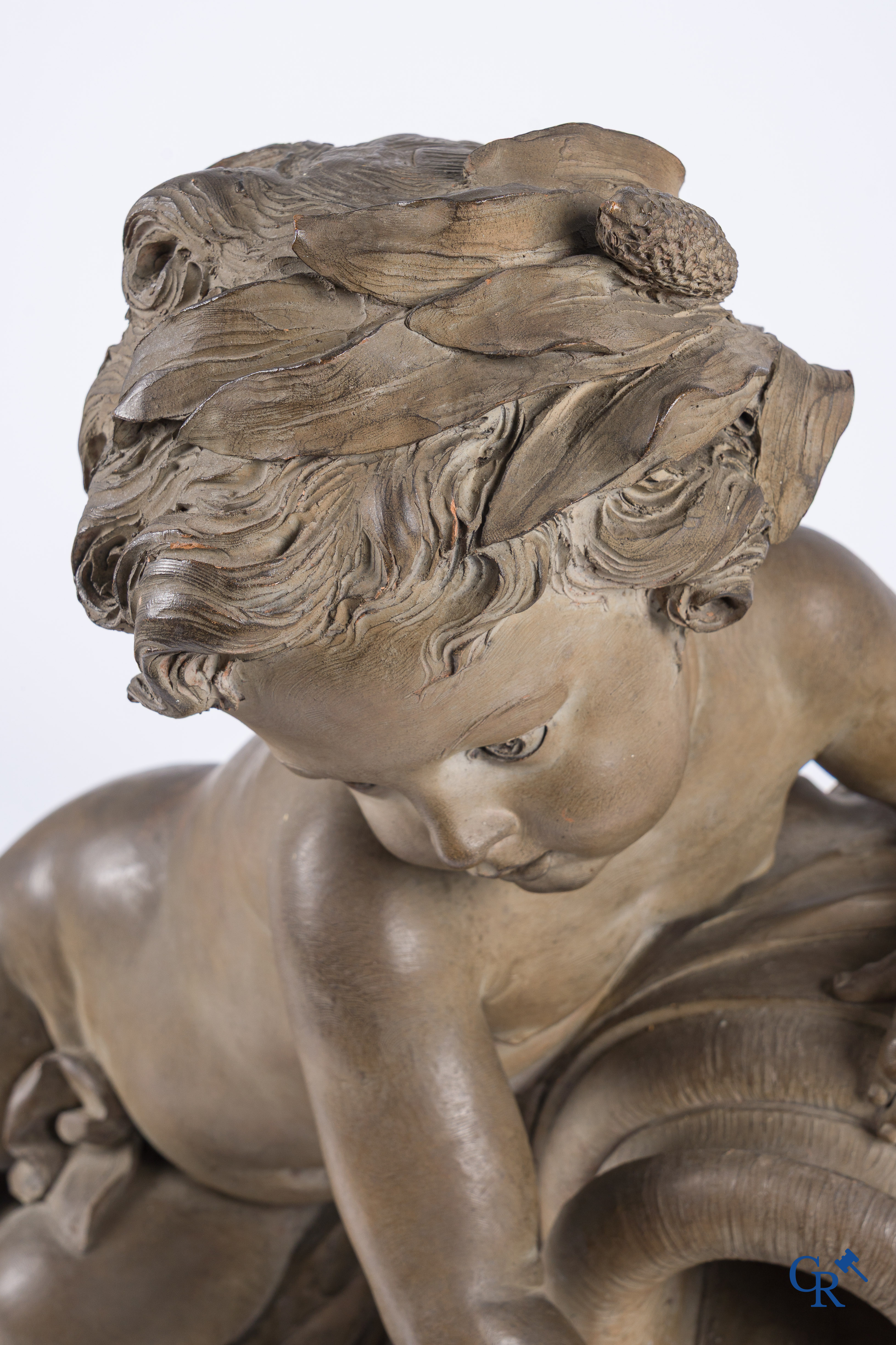 "La Source" A large terra cotta group on a wooden gilded pedestal. LXVI style. 19th century.