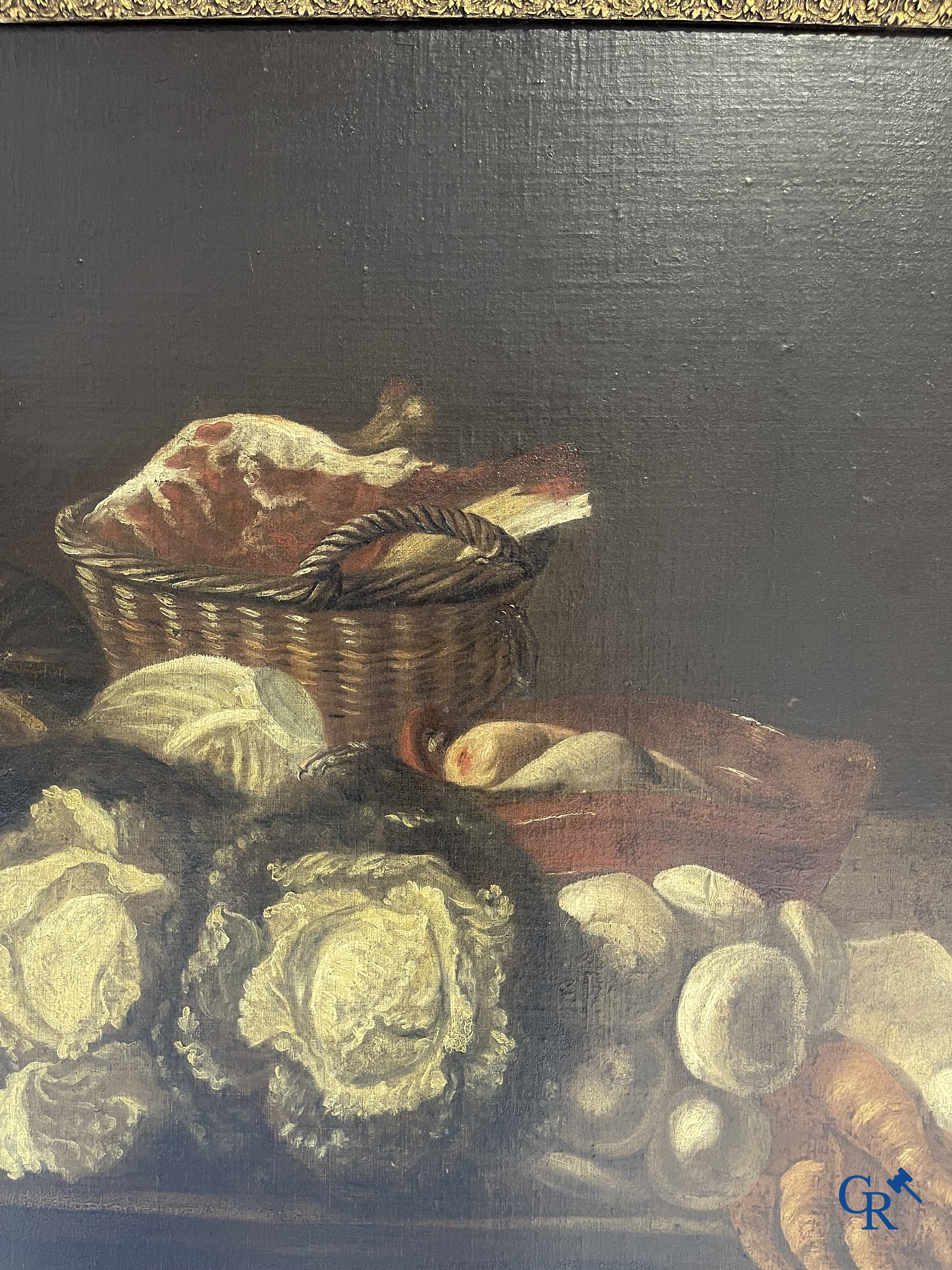 Schilderij, olie op doek. Stilleven met groenten, vlees en gevogelte. 18e eeuw.