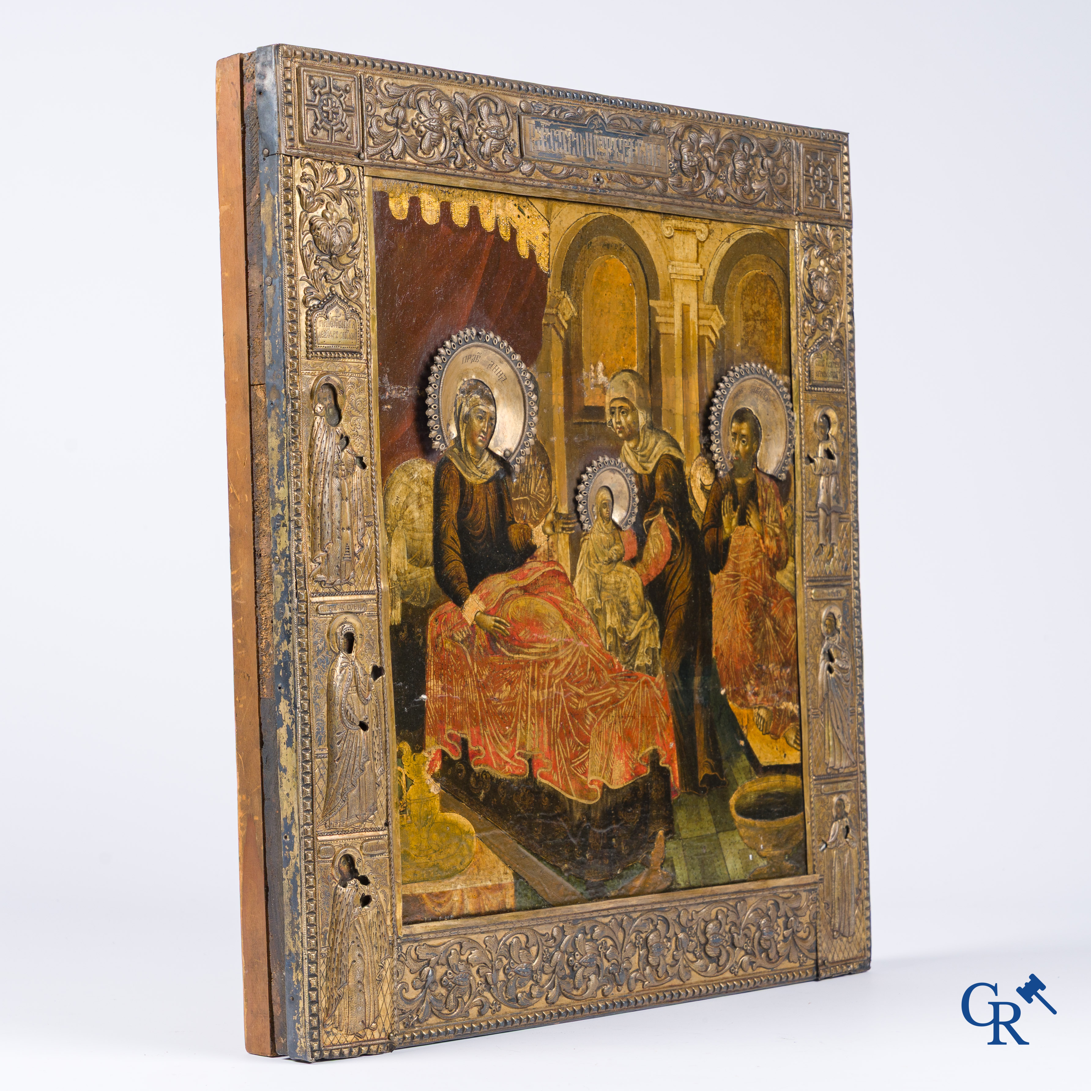 Russian work. The birth of Jesus. Important Russian icon with silver oklad. Silver grade 84 and dated 1883.
