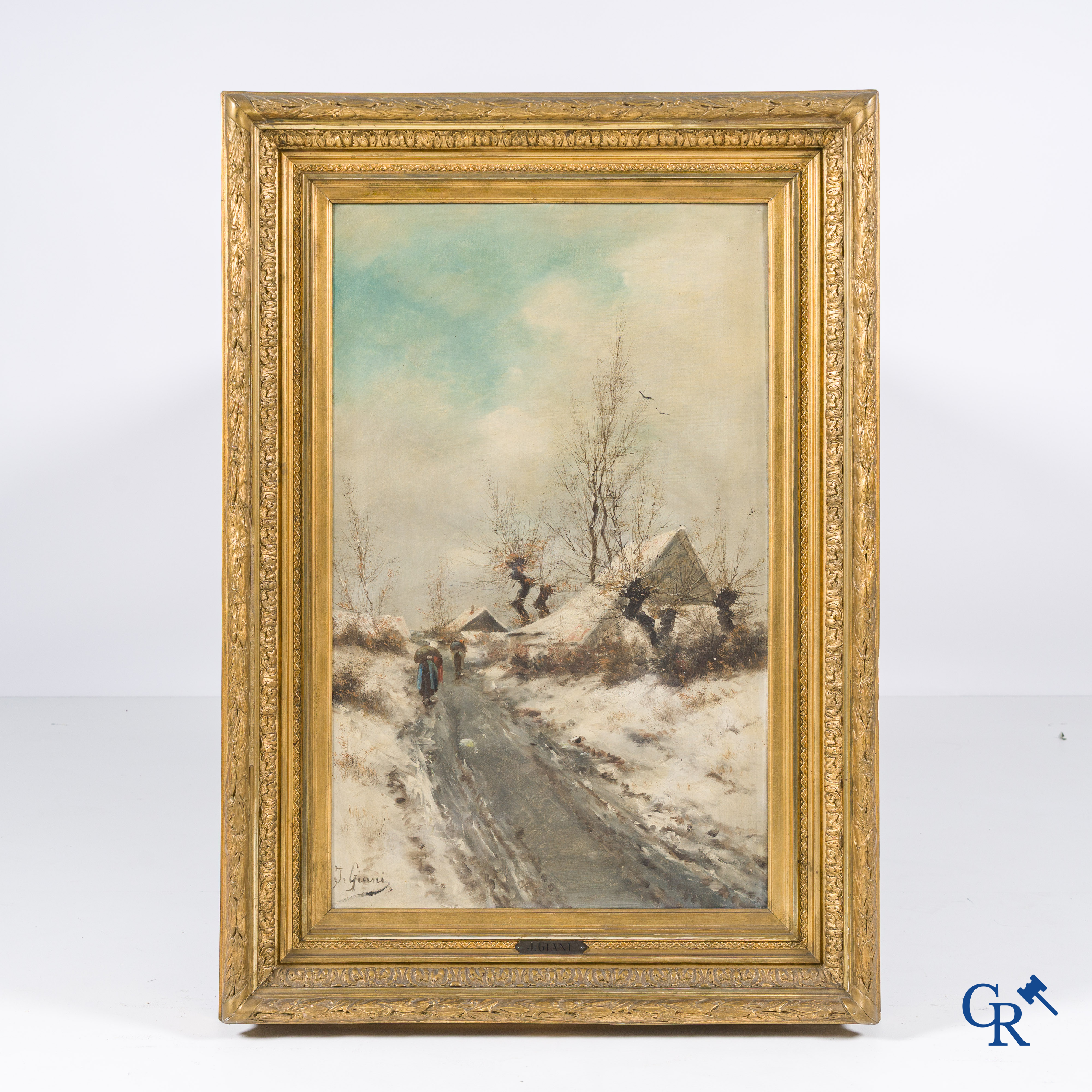 J. Giani, winter landscape with characters. Oil on canvas in a beautiful gilded frame. Signed lower left. Circa 1900.
