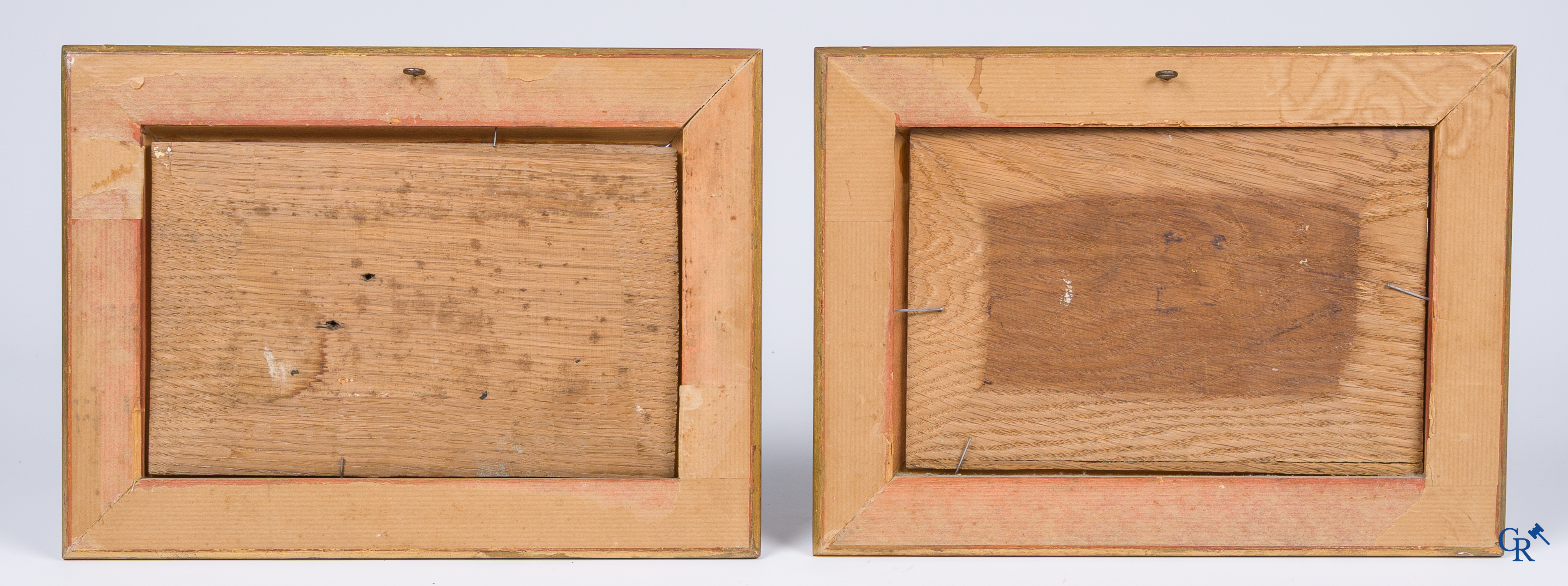 Schilderijen, een paar havenzichten (pendant) Olie op paneel. 19e eeuw.