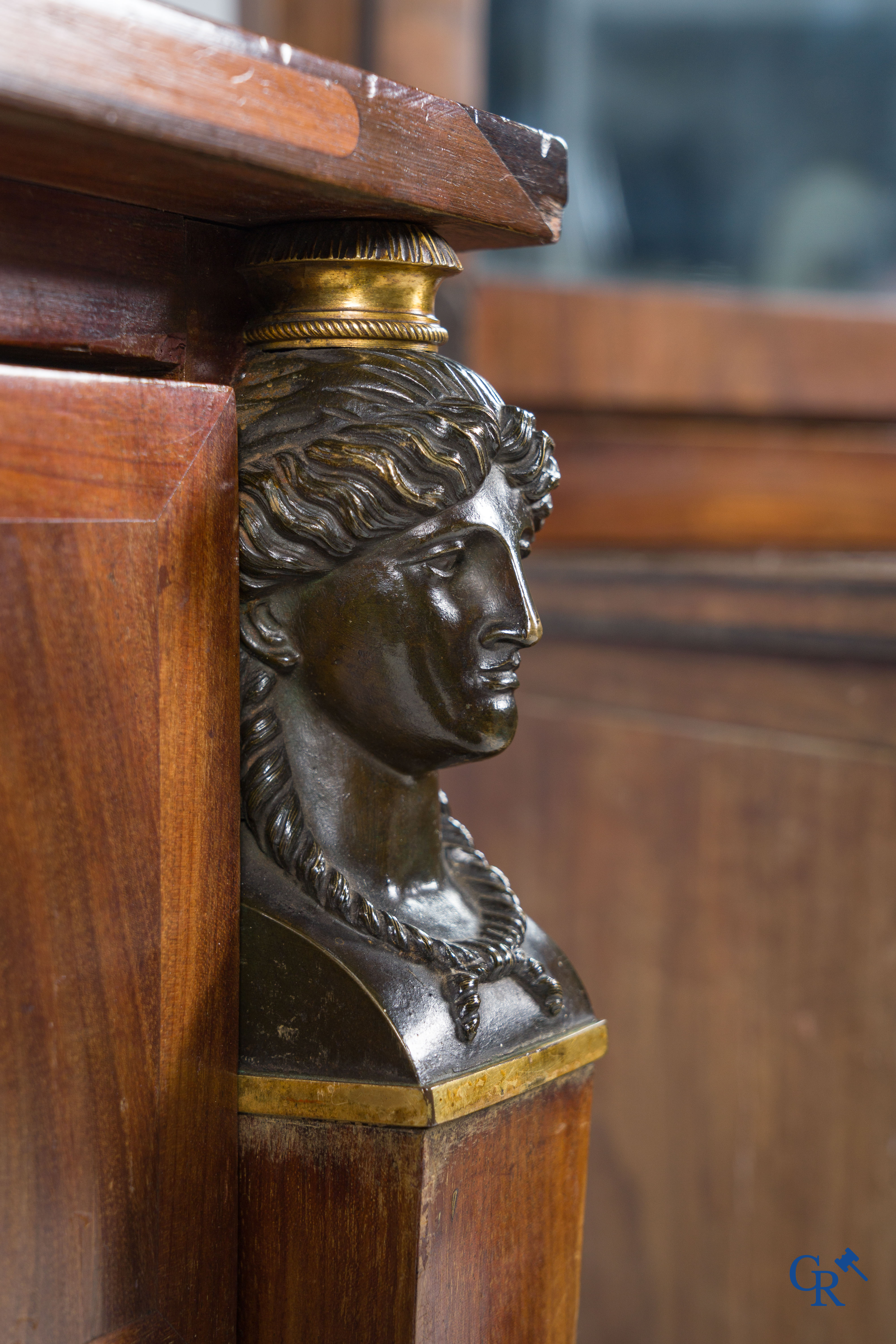 Chapuis, a mahogany wooden men's dressing table and ladies' dressing table with chiseled bronzes. Empire, circa 1810.