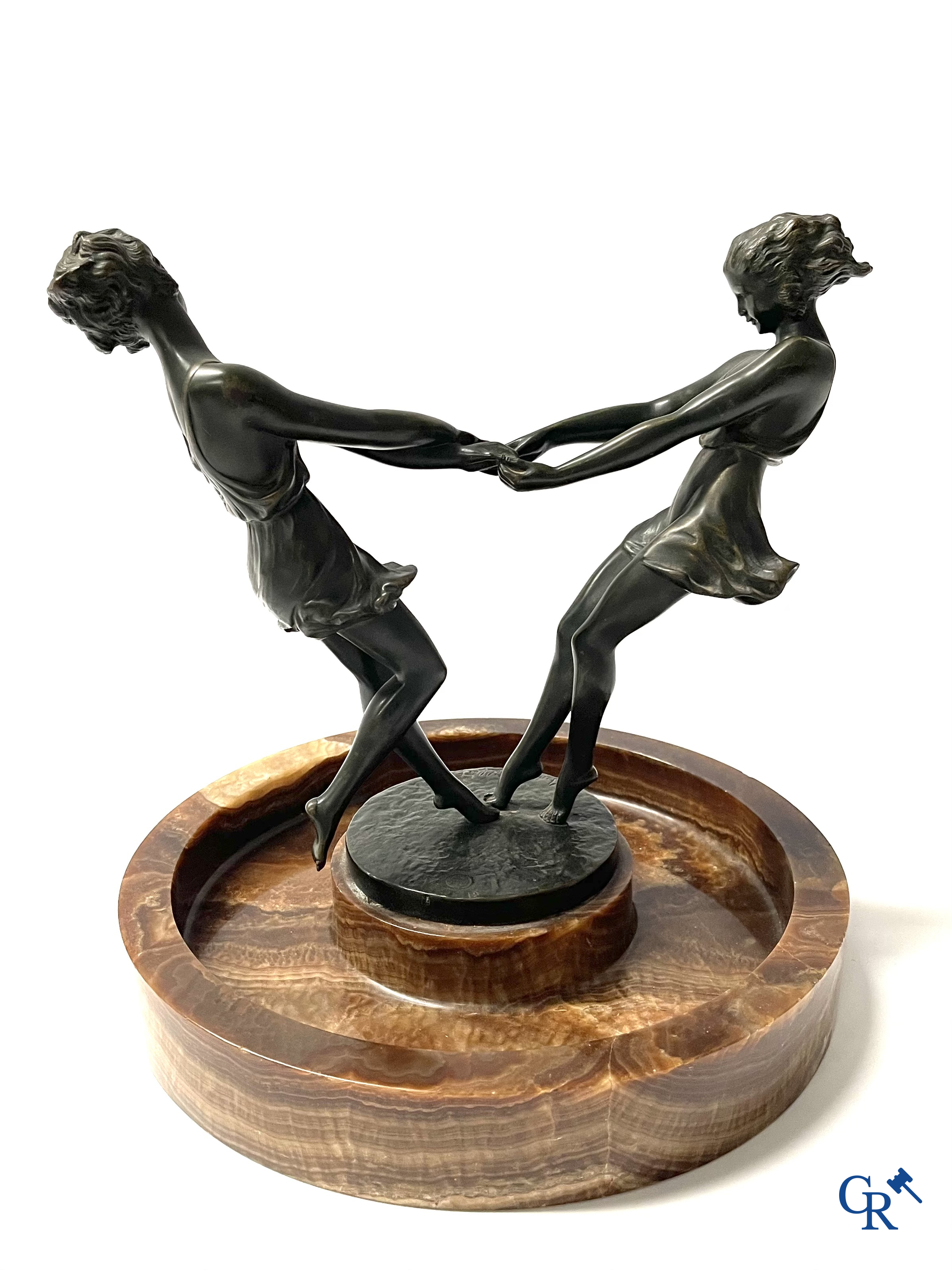 Art Deco, André Gilbert. Table center piece in bronze and onyx. Foundry LN Paris JL. Circa 1930.