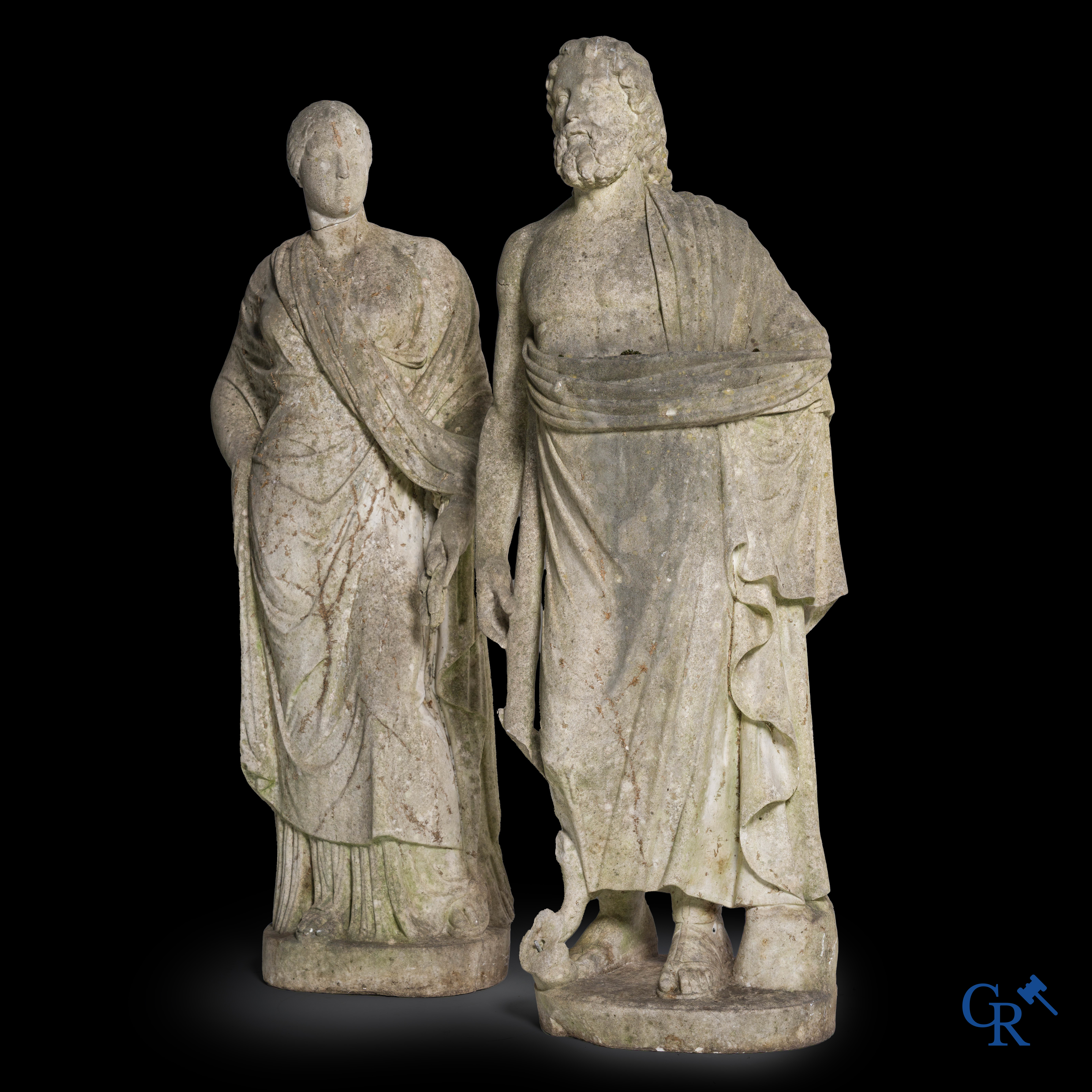 2 Imposing sculptures in carved marble. The Roman goddess Cerès and the Greek god Asklepios. Circa 1700-1750.