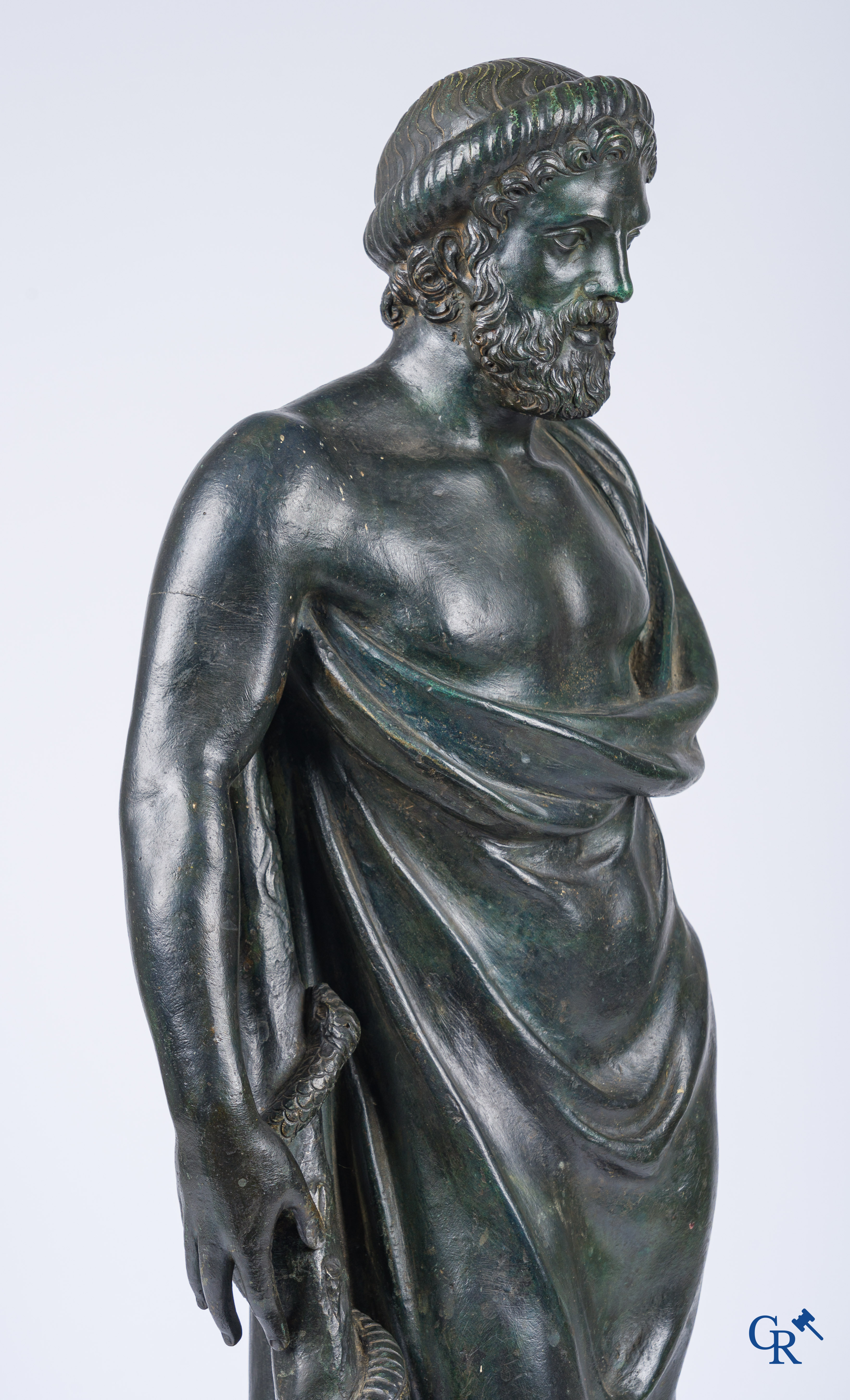 Asklepios. Greek god of medicine and healing. Pedestal in grey St. Anna marble. Late 18th - Early 19th century.