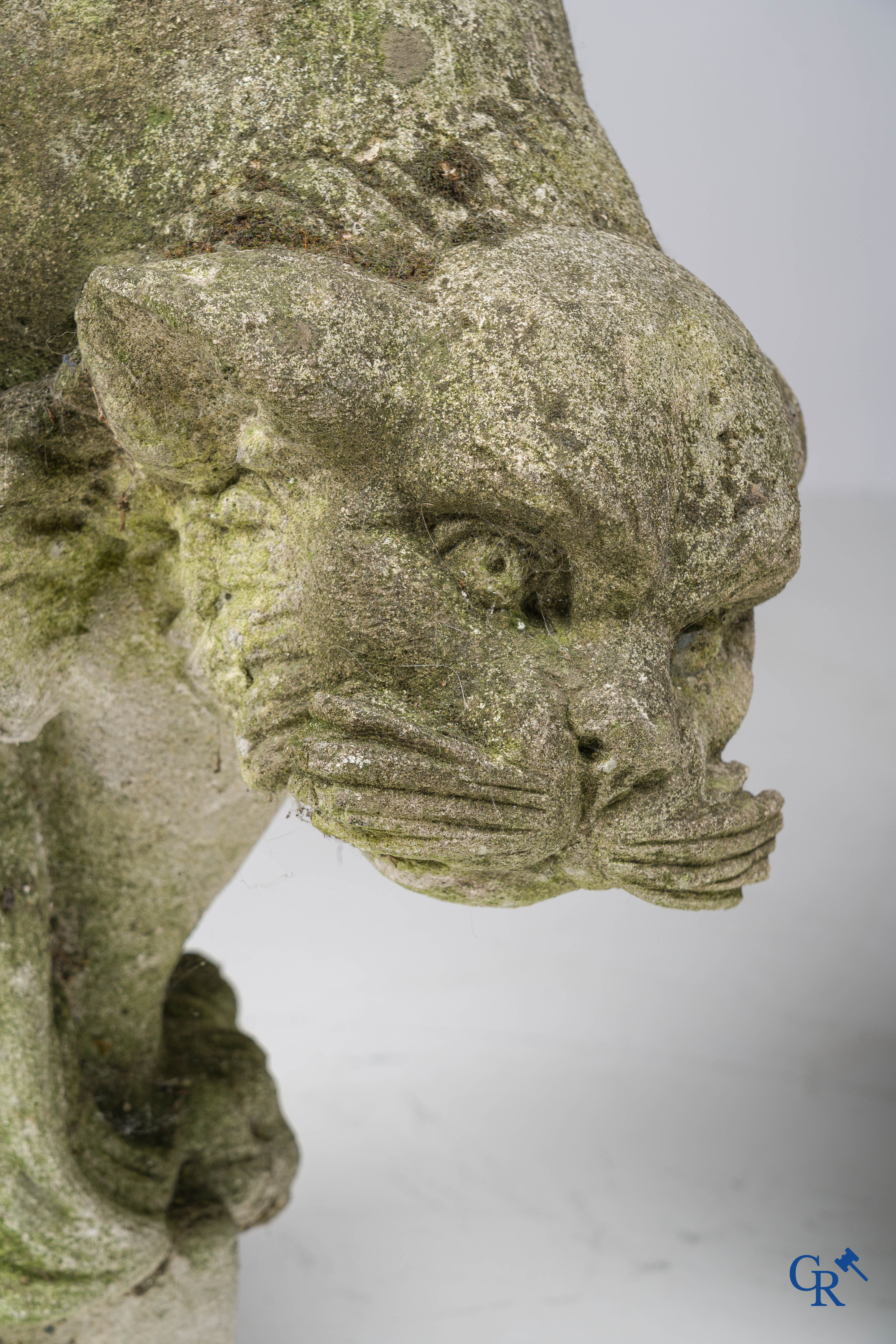 Exceptionally pair of large ornaments depicting cats in hand-sculpted limestone. Circa 1900.