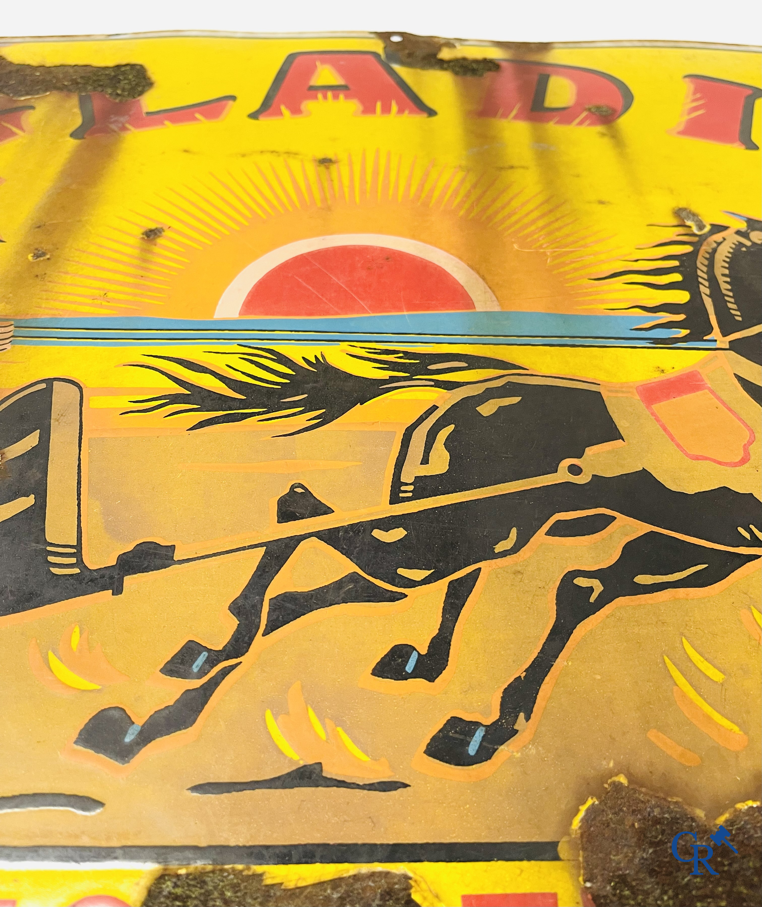 Gladia sigaretten, enamel publicity sign with a gladiator in chariot. Dated 1928.