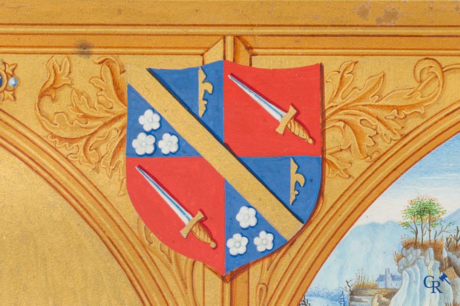 Uitzonderlijk miniatuurschilderij, Madonna en kind met de engelen. In de stijl van de Vlaamse Primitieven. 19e eeuw.