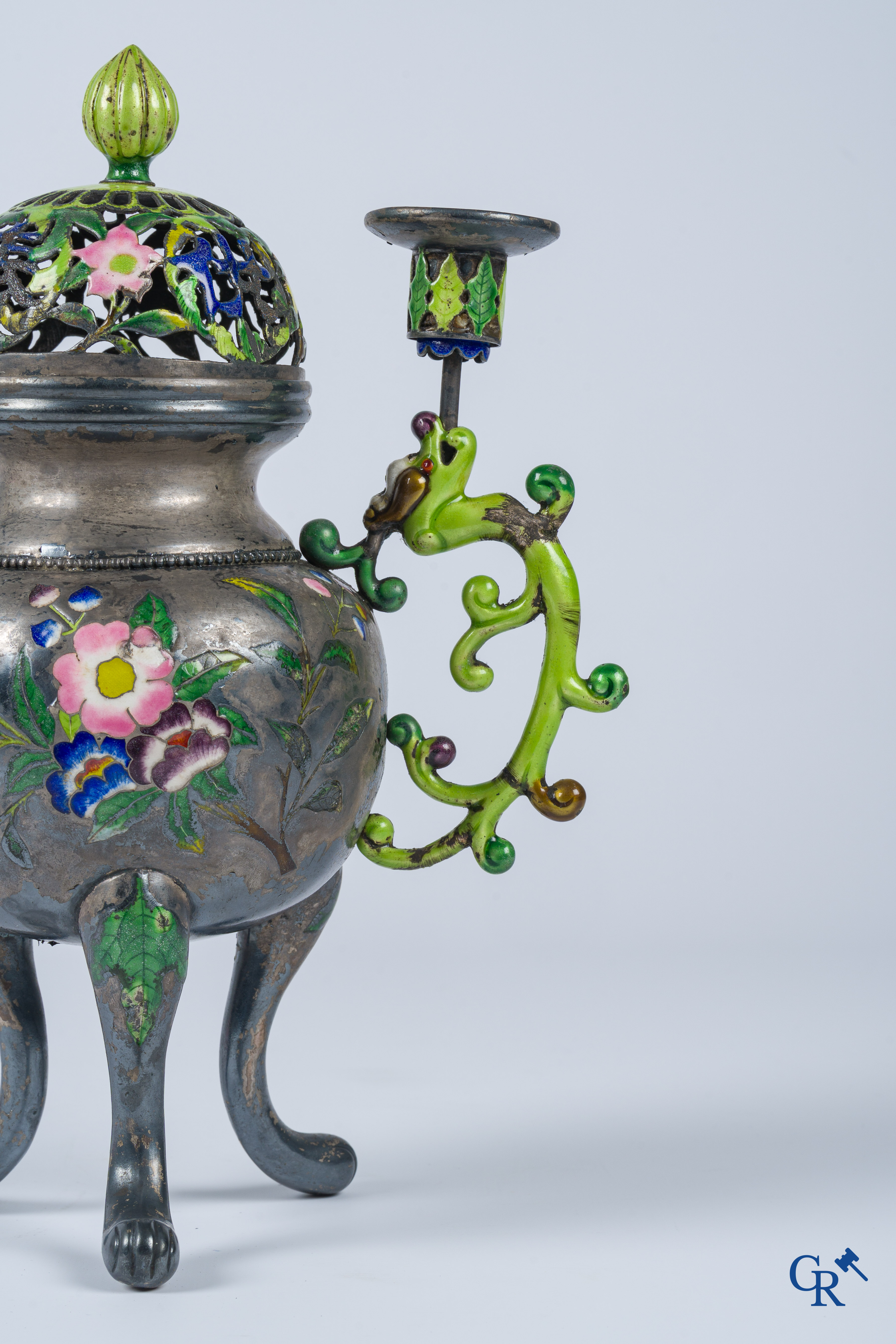 Asian Art, a Chinese silver and enamelled incense burner with candle holders. Marked. 18th-19th century.