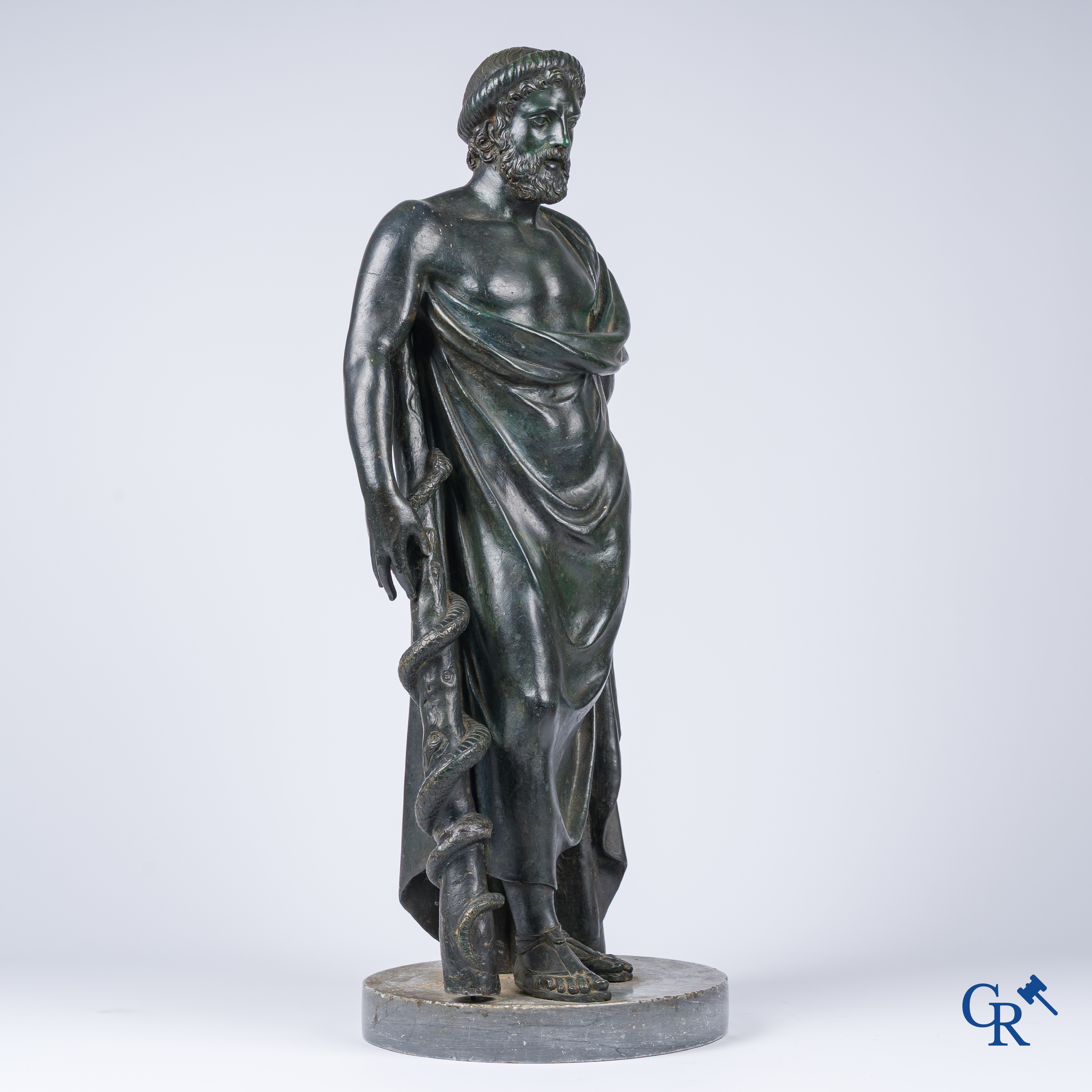 Asklepios. Greek god of medicine and healing. Pedestal in grey St. Anna marble. Late 18th - Early 19th century.
