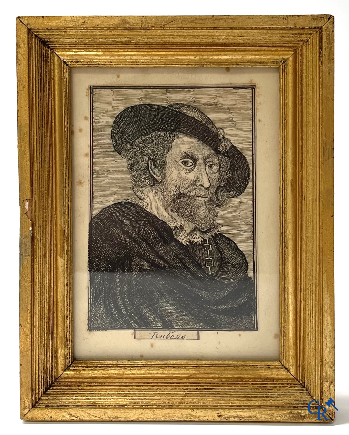 A pair of portrait paintings after Rembrandt Van Rijn, oil on panel, 2 portrait pen drawings attached. 19th century.