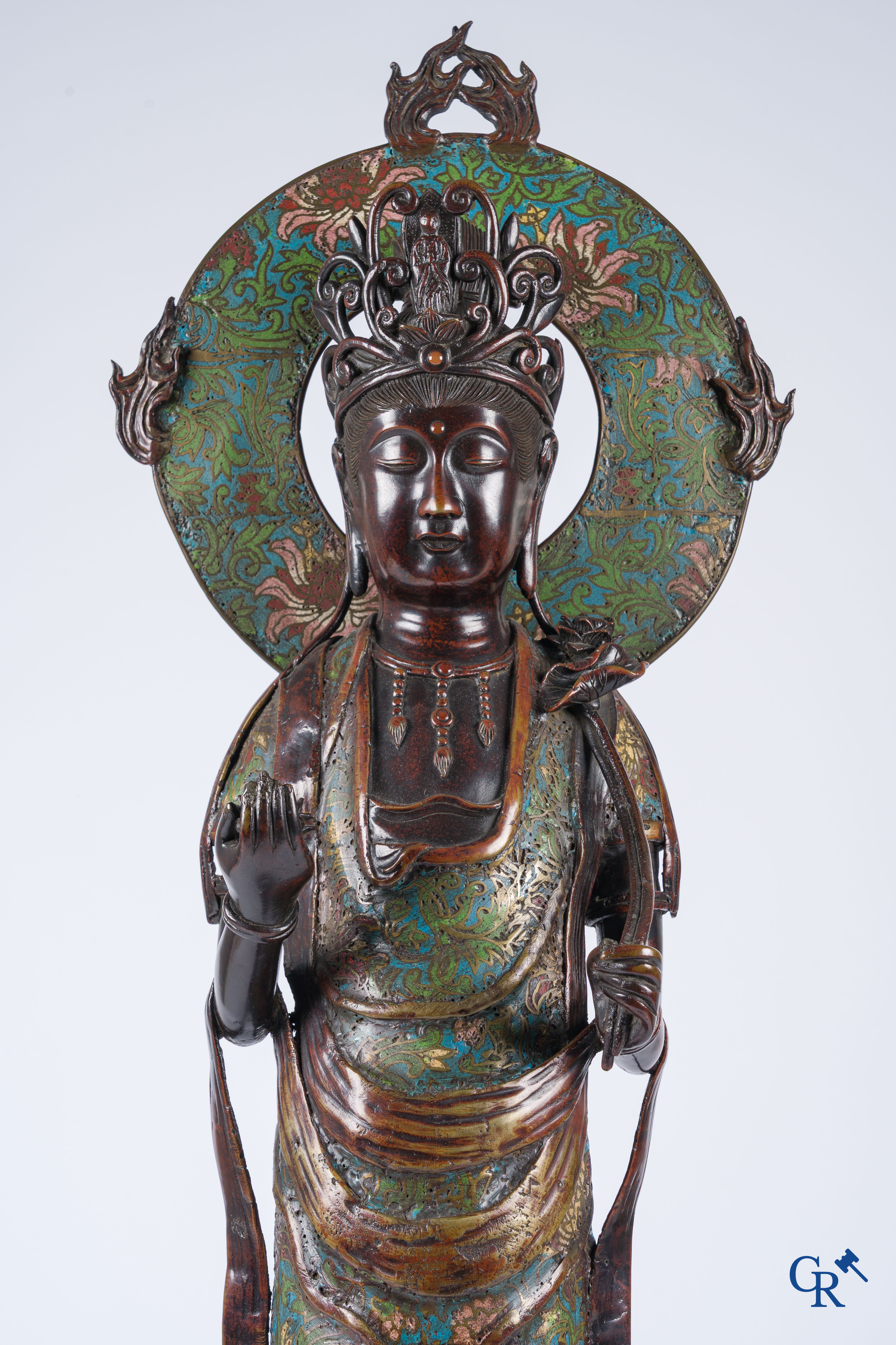 Asian Art, a large Japanese champlevé bronze figure of a standing Guanyin. 19th century.