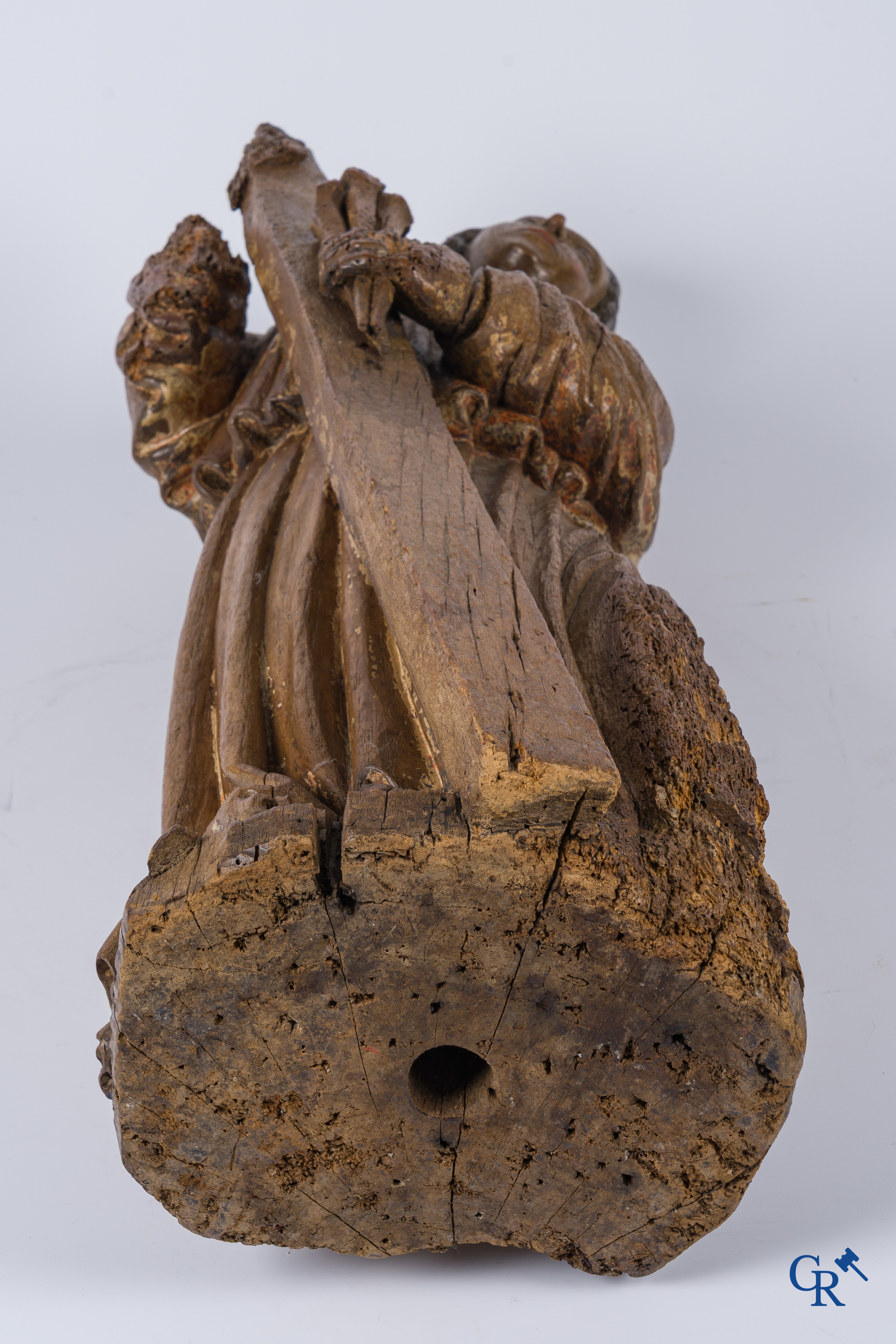 Religious objects, an antique wood carved representation of an archangel. Traces of polychromy.