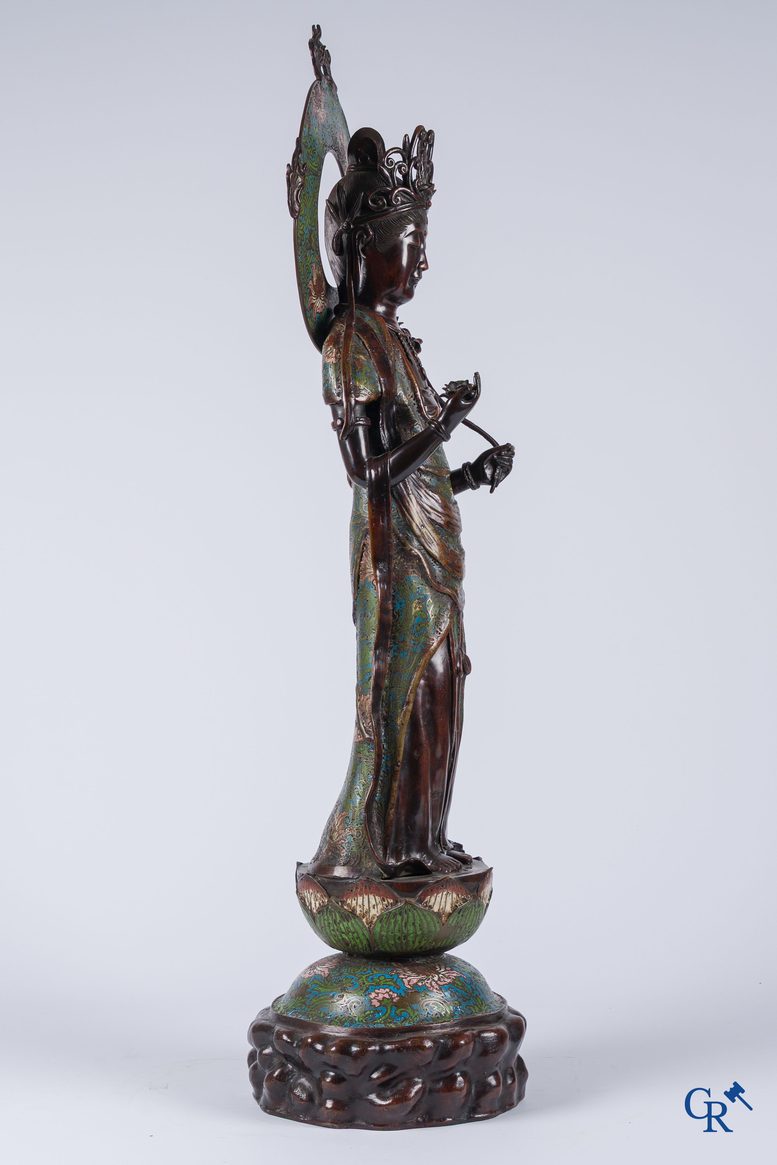 Asian Art, a large Japanese champlevé bronze figure of a standing Guanyin. 19th century.