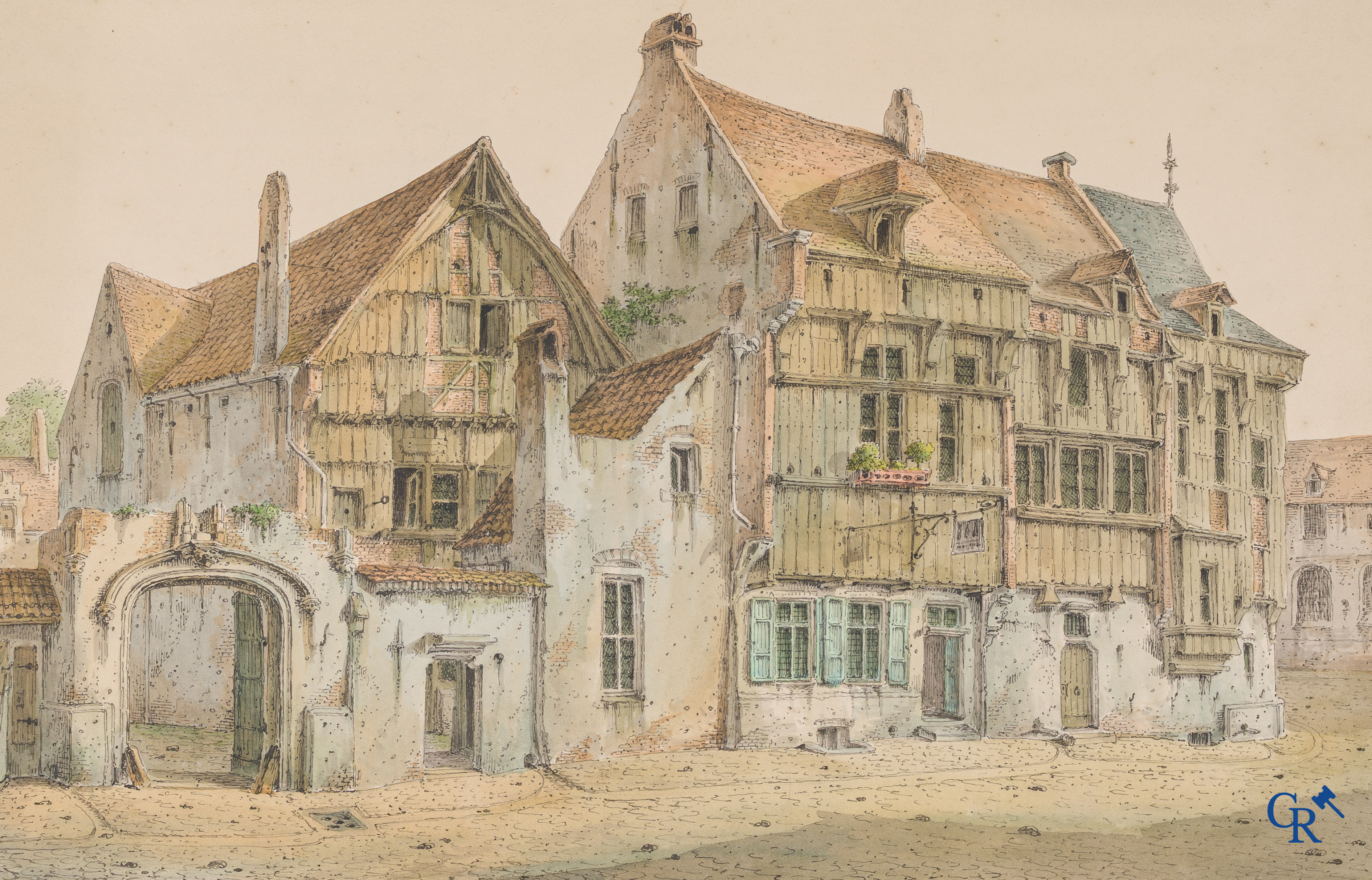 Jean-Baptiste André De Noter (1786-1855) Inkt en waterverf. Zichten van de stad Mechelen.