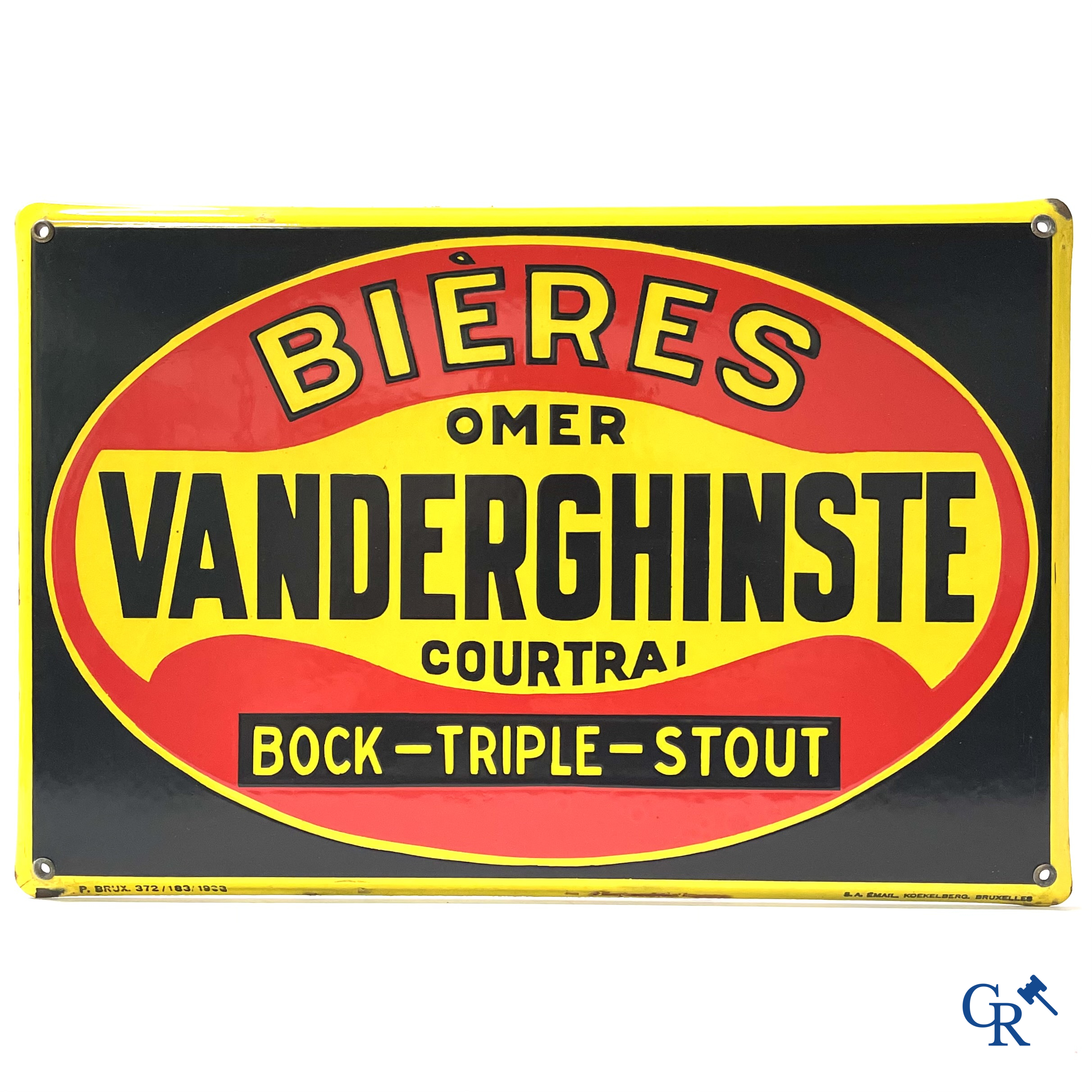 Plaque emaillée publicitaire pour les bières d'Omer Vanderghinste à Courtrai. Bock-Triple-Stout. Emaillerie Koekelberg 1933.