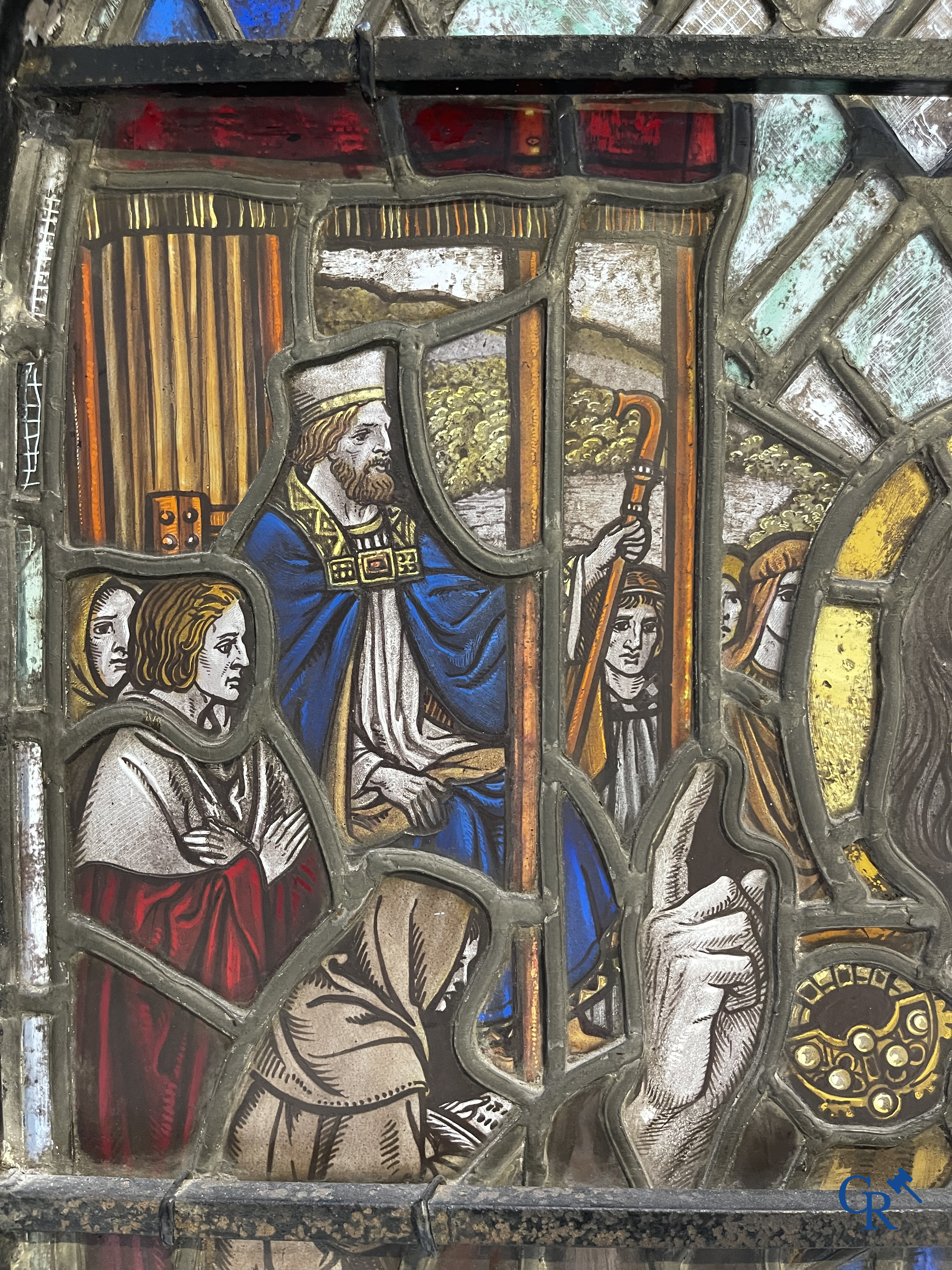 Religieuze objecten, een uitzonderlijk brandglas in lood met afbeelding van Saint David. 19e eeuw.