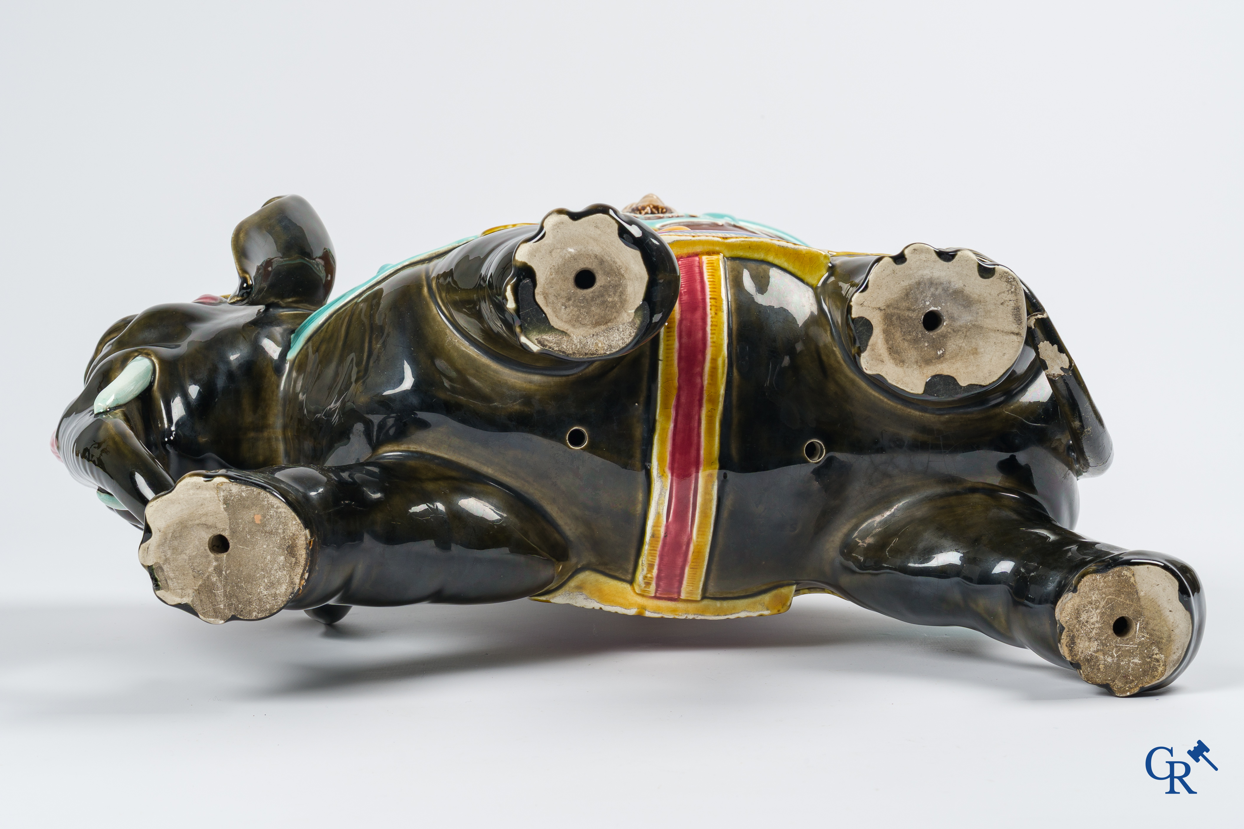 Orchies. A large elephant in multicolored decorated pottery, barbotine. France, circa 1900.