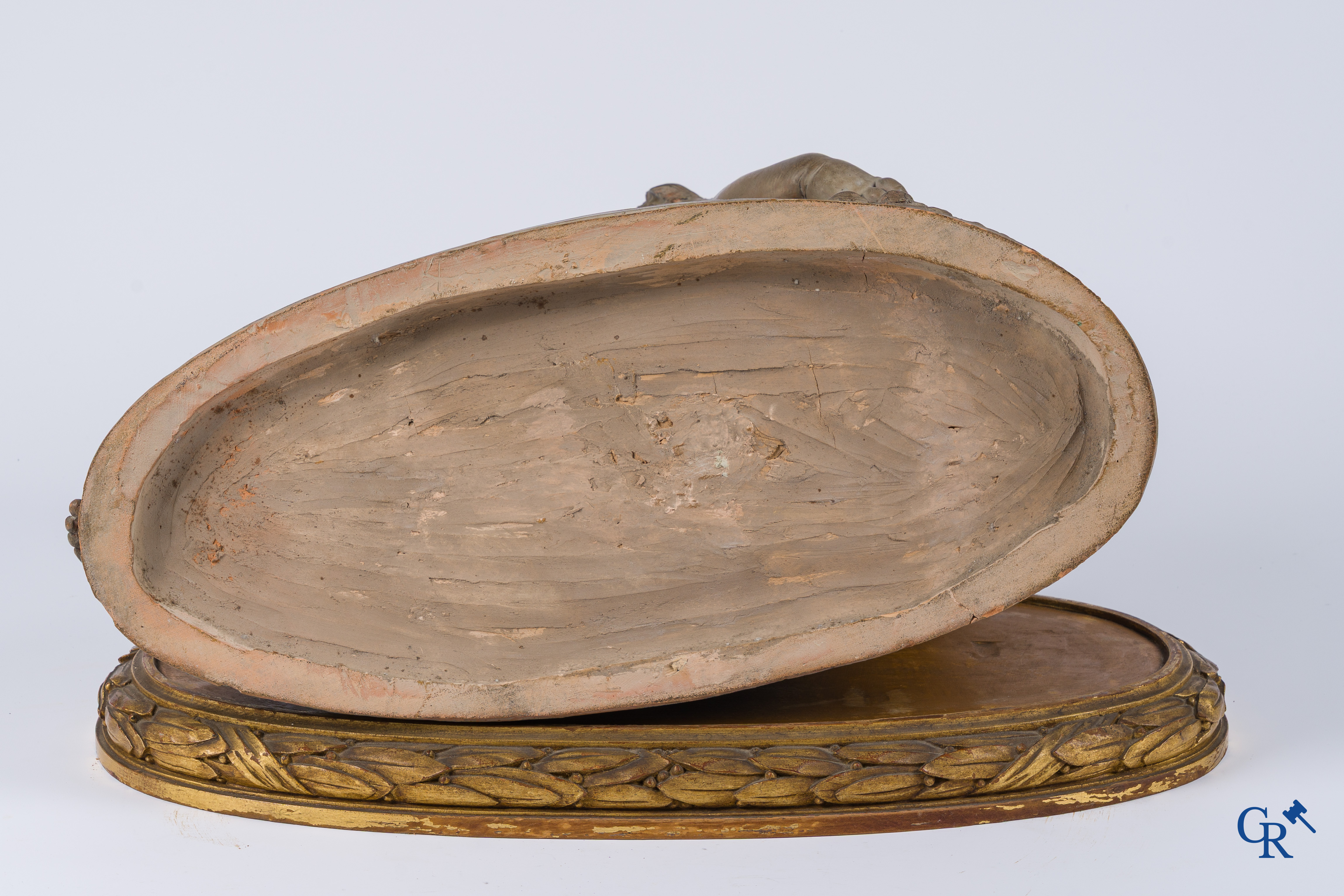 "La Source" A large terra cotta group on a wooden gilded pedestal. LXVI style. 19th century.