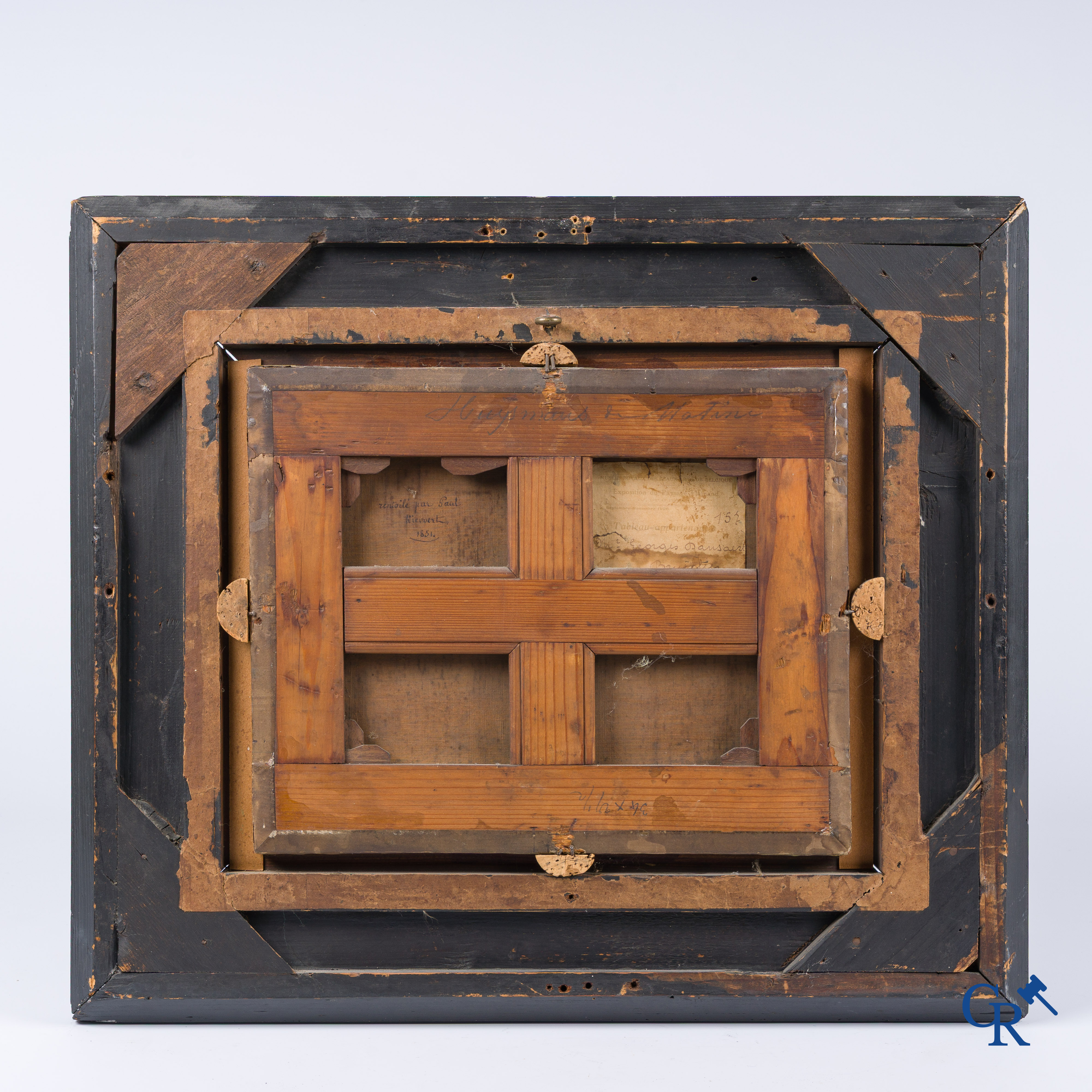 Cornelius Huysmans, Van Mechelen (1648-1727) Vlaamse school, Boszicht met personages en dieren. Met oud expositielabel.