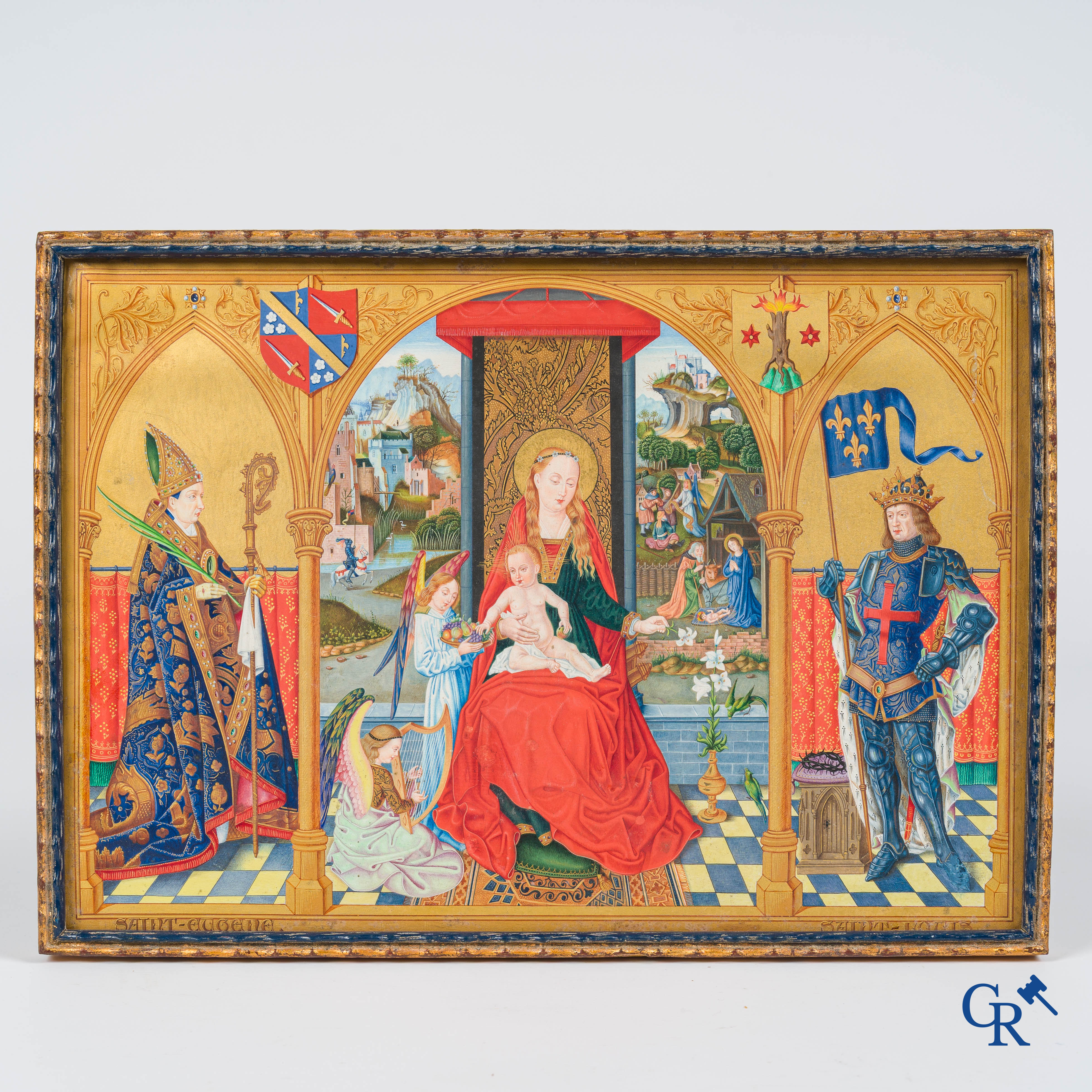 Uitzonderlijk miniatuurschilderij, Madonna en kind met de engelen. In de stijl van de Vlaamse Primitieven. 19e eeuw.