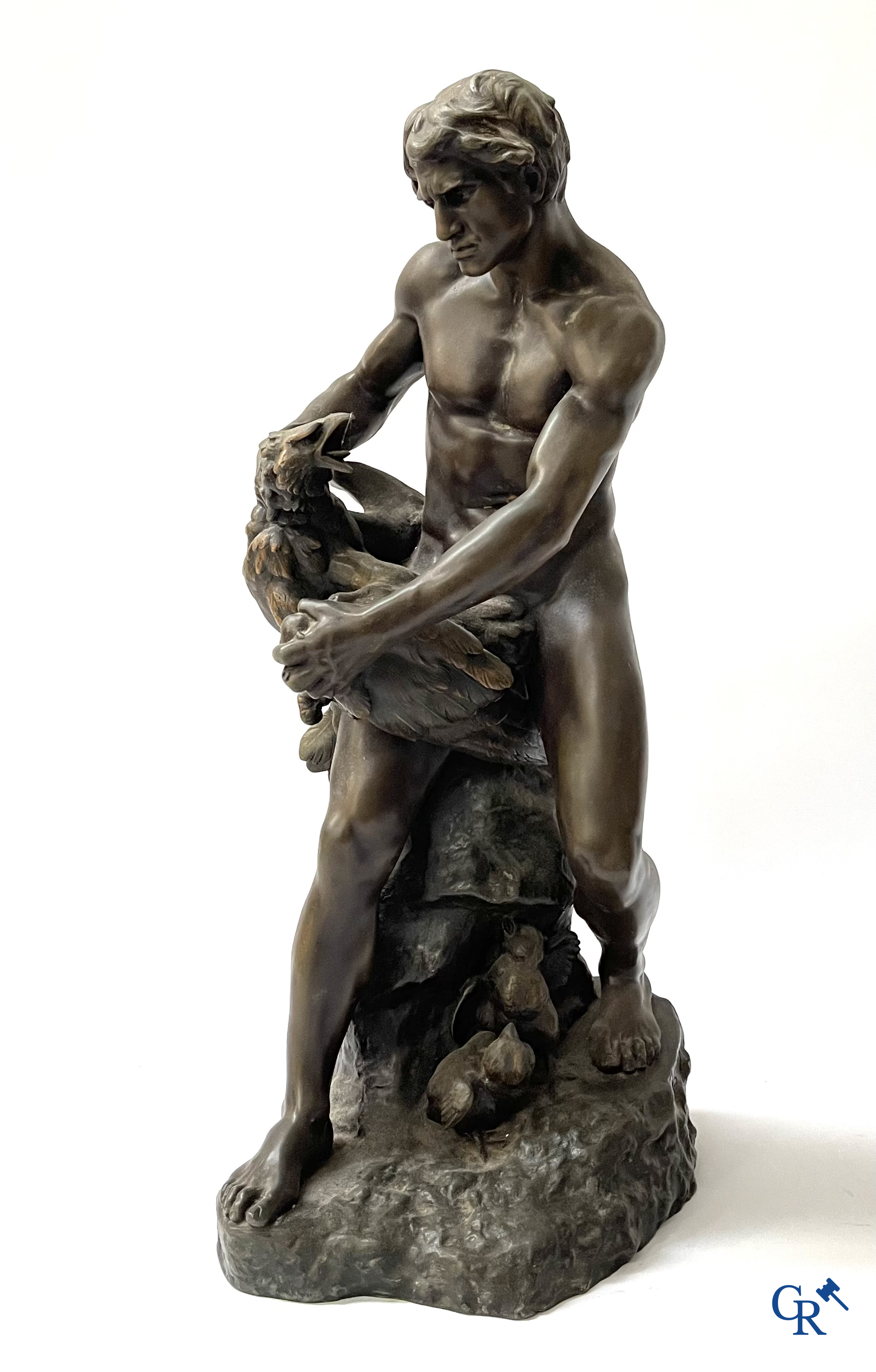 A lot of 3 sculptures in spelter. Anatole Guillot, Emile Bruchon, Rousseau. Circa 1900.