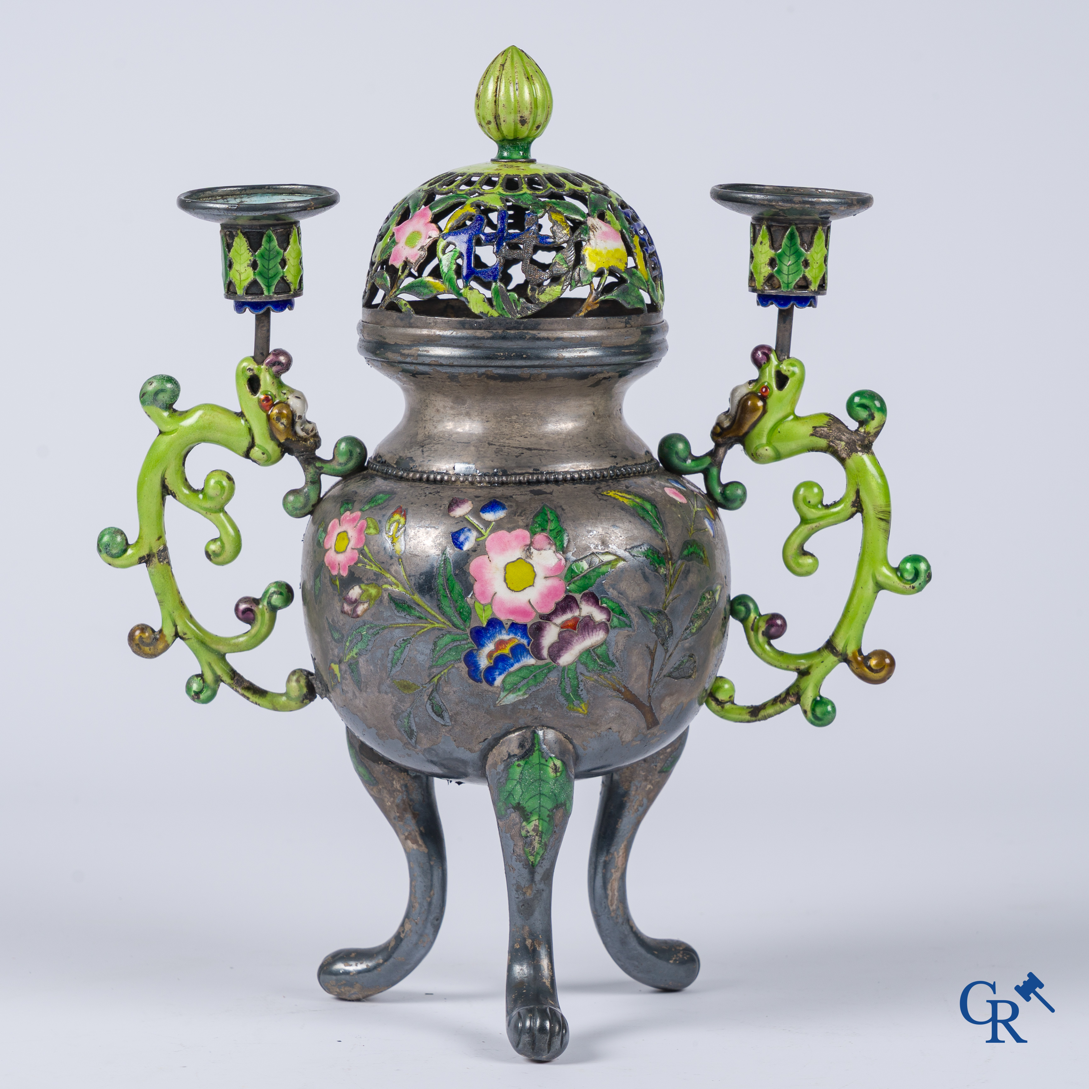 Asian Art, a Chinese silver and enamelled incense burner with candle holders. Marked. 18th-19th century.