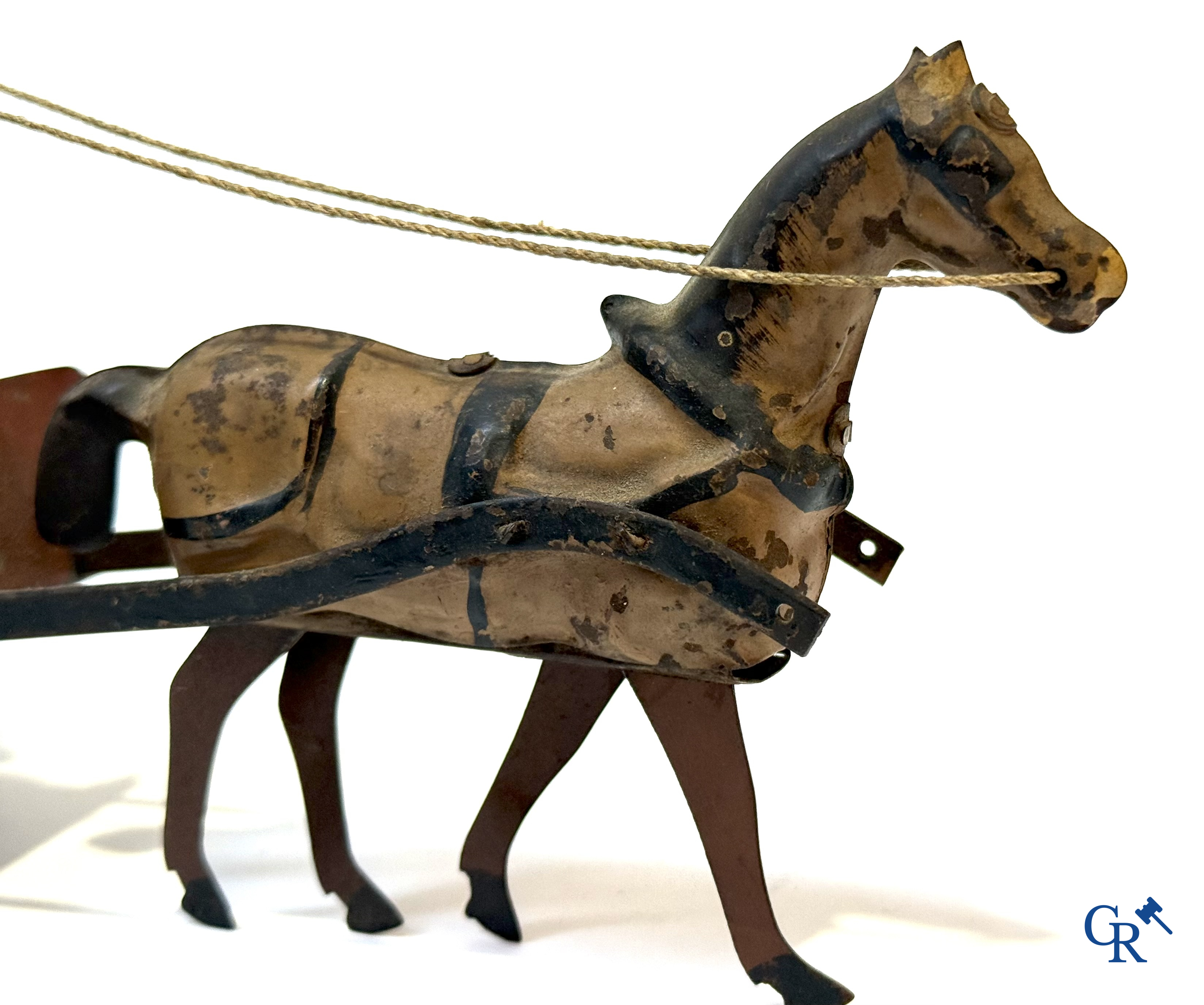 Fernand Martin, mechanical toys, rare carriage with horse, painted tin. Marked F.M. France Paris. Circa 1905.