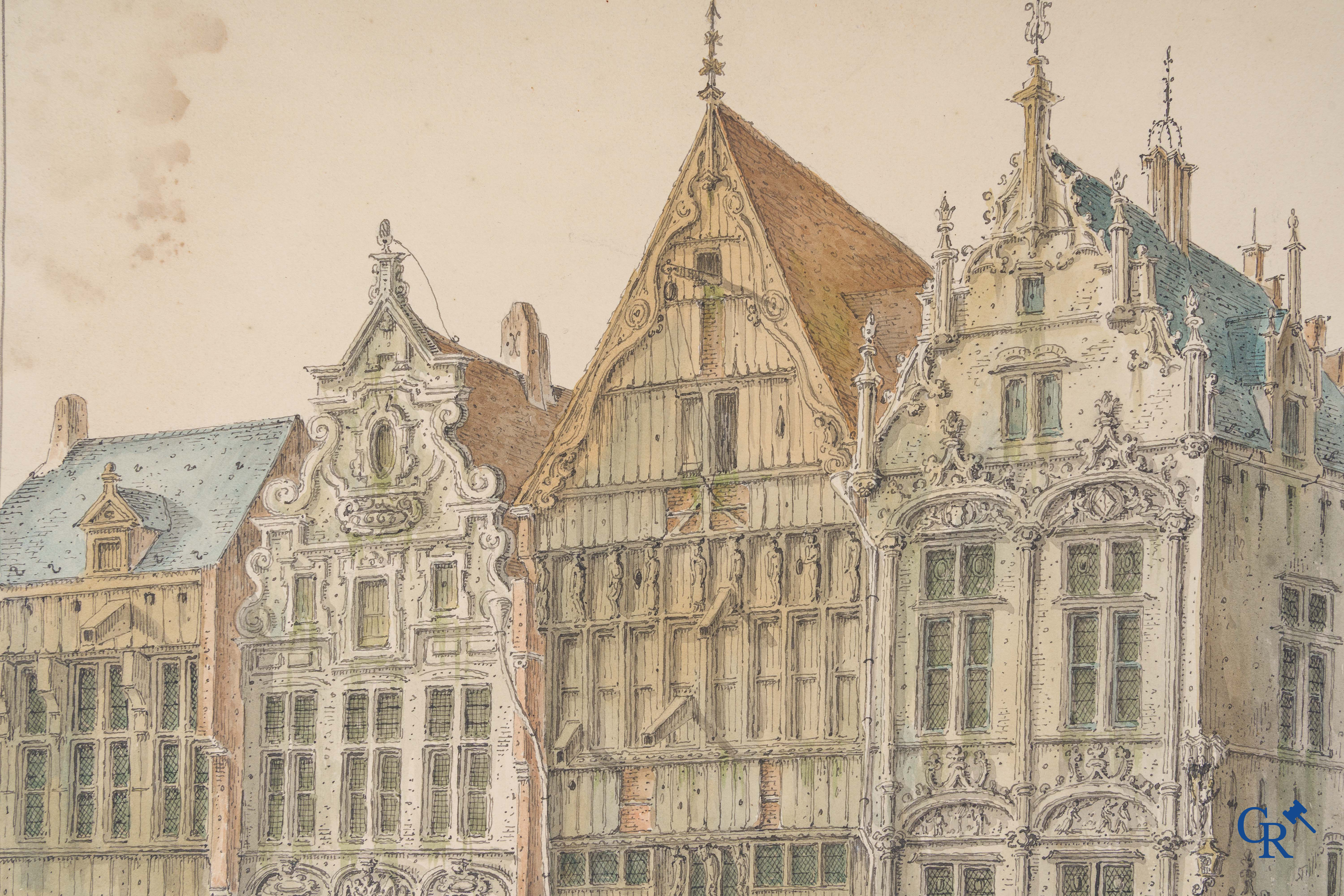 Jean-Baptiste André De Noter (1786-1855) Inkt en waterverf. Zichten van de stad Mechelen.