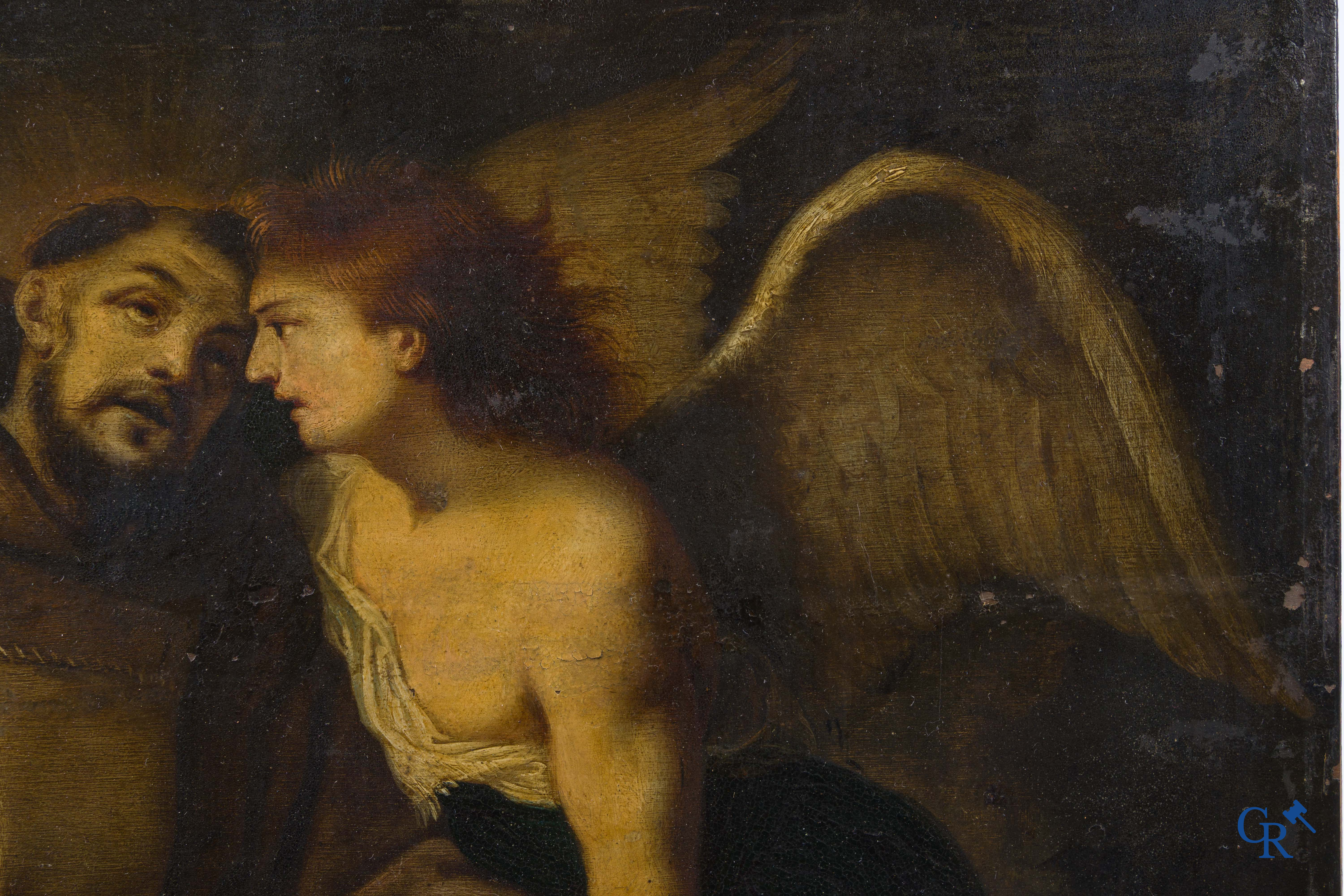 Saint Francis of Assisi, comforted by an angel. Oil on copper. Parquetry. 18th century.