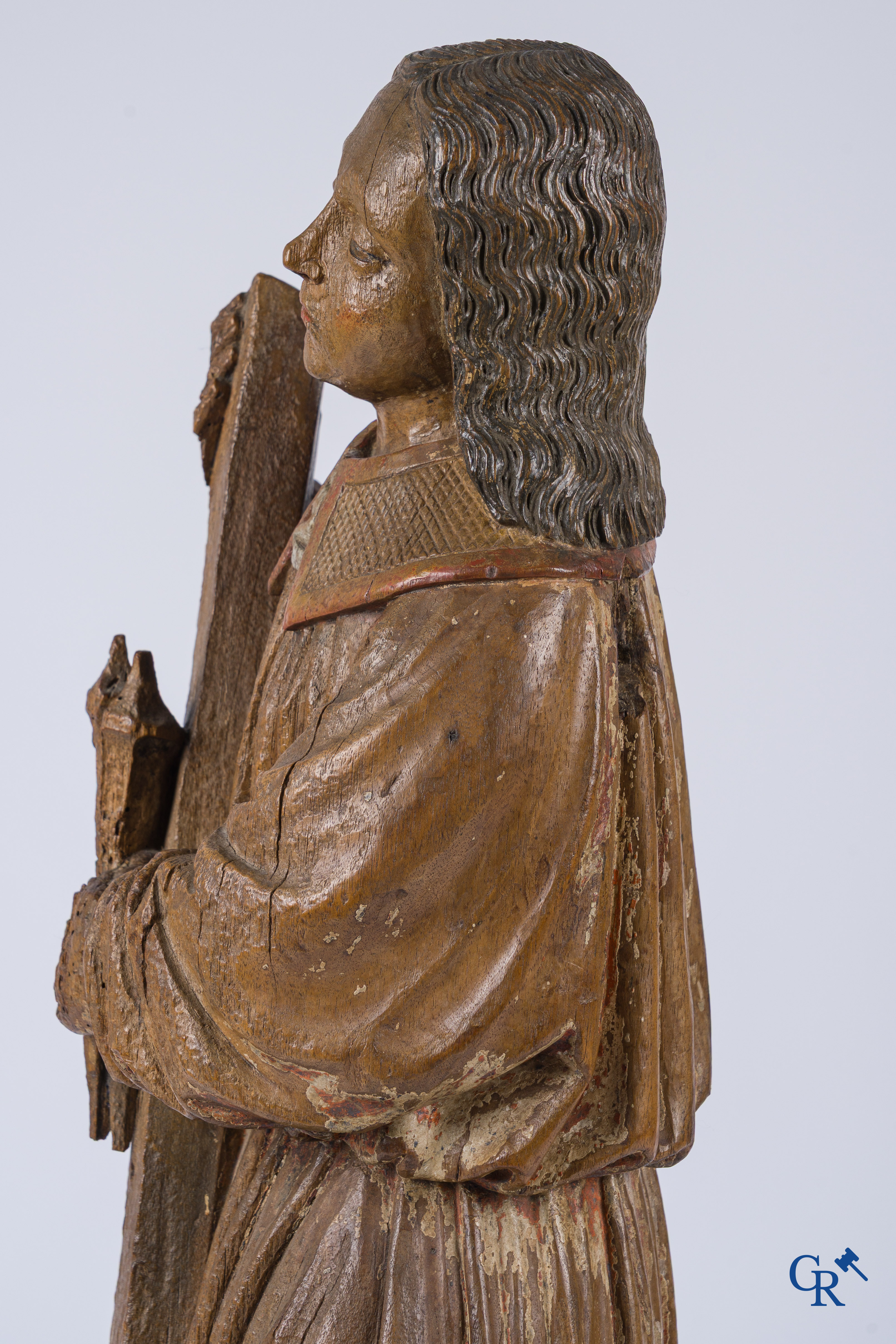 Religious objects, an antique wood carved representation of an archangel. Traces of polychromy.