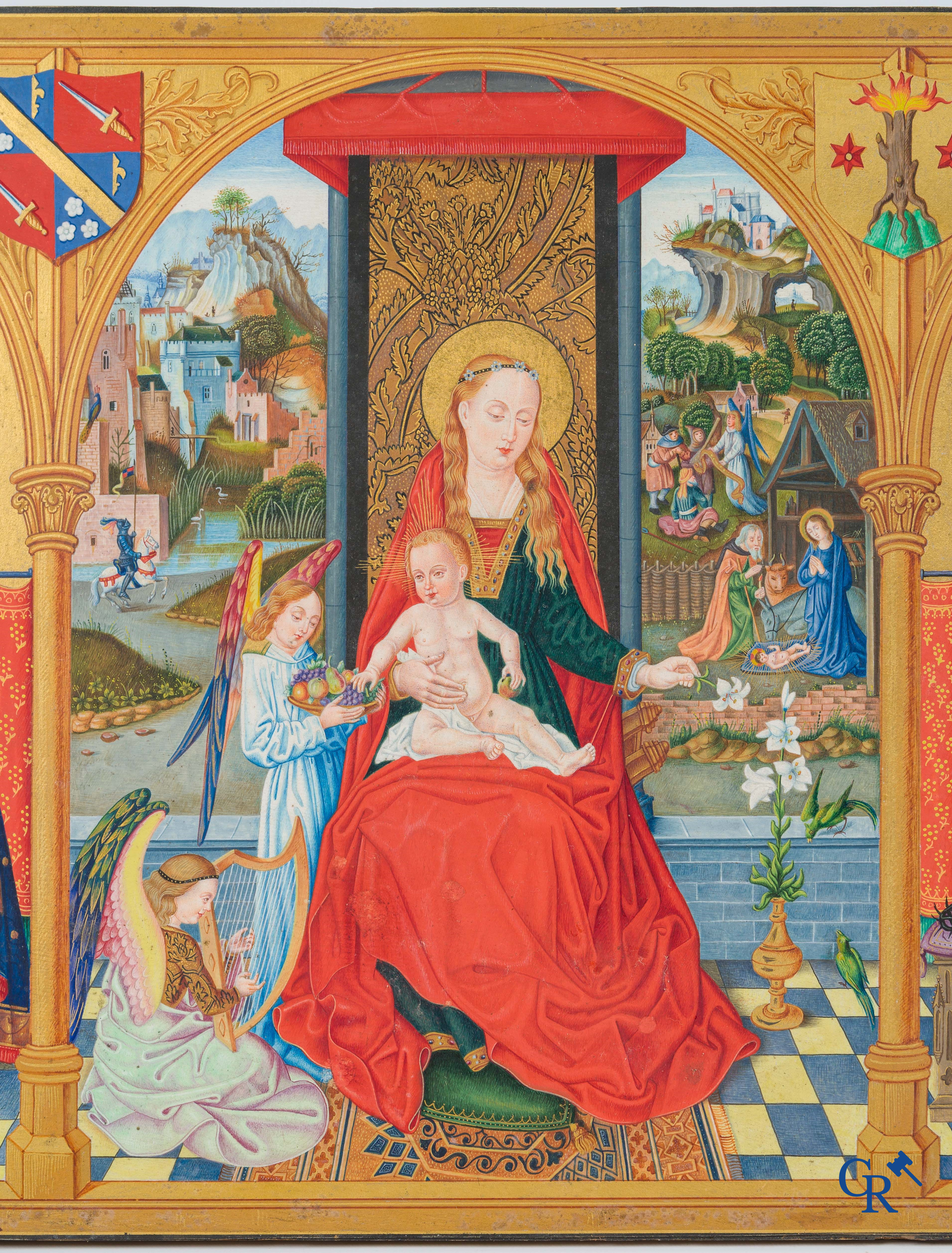Uitzonderlijk miniatuurschilderij, Madonna en kind met de engelen. In de stijl van de Vlaamse Primitieven. 19e eeuw.