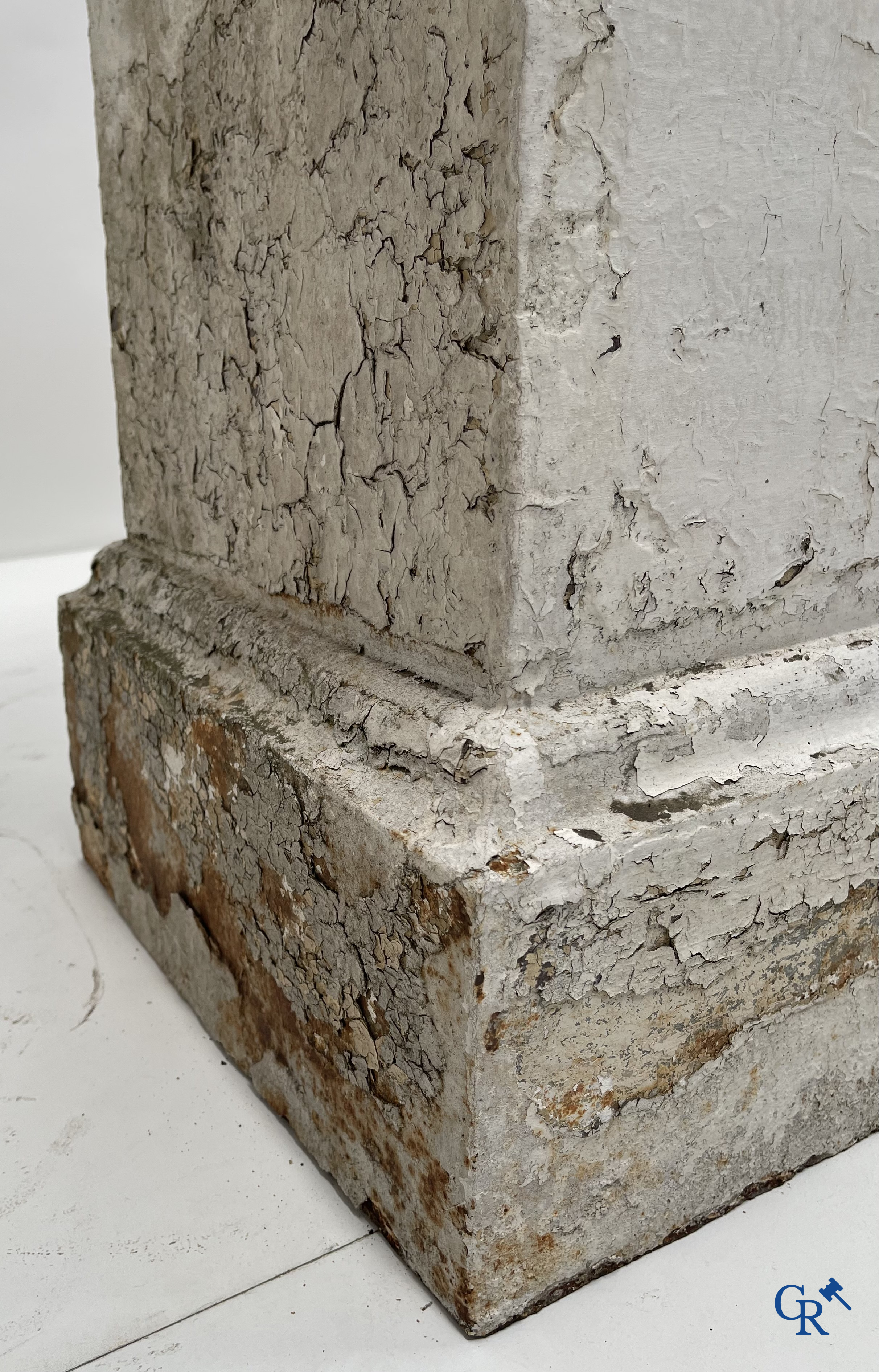 Tuindecoratie. Een paar grote gietijzer tuinvazen op sokkel. Oude patina, 19de eeuw.