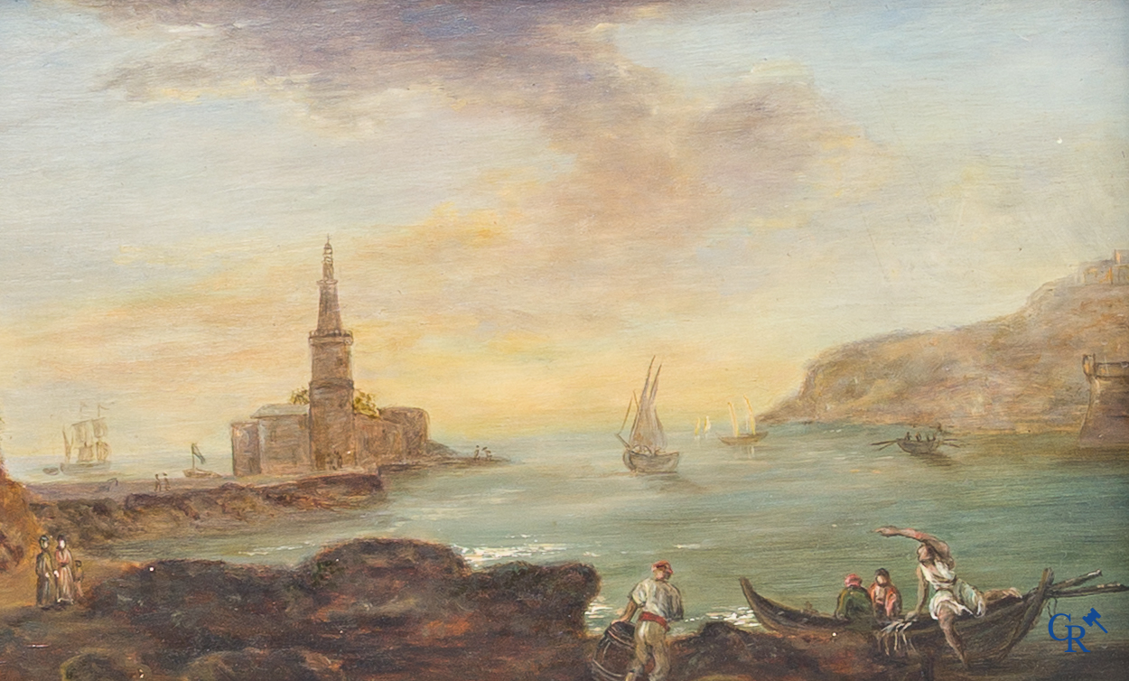 Schilderijen, een paar havenzichten (pendant) Olie op paneel. 19e eeuw.