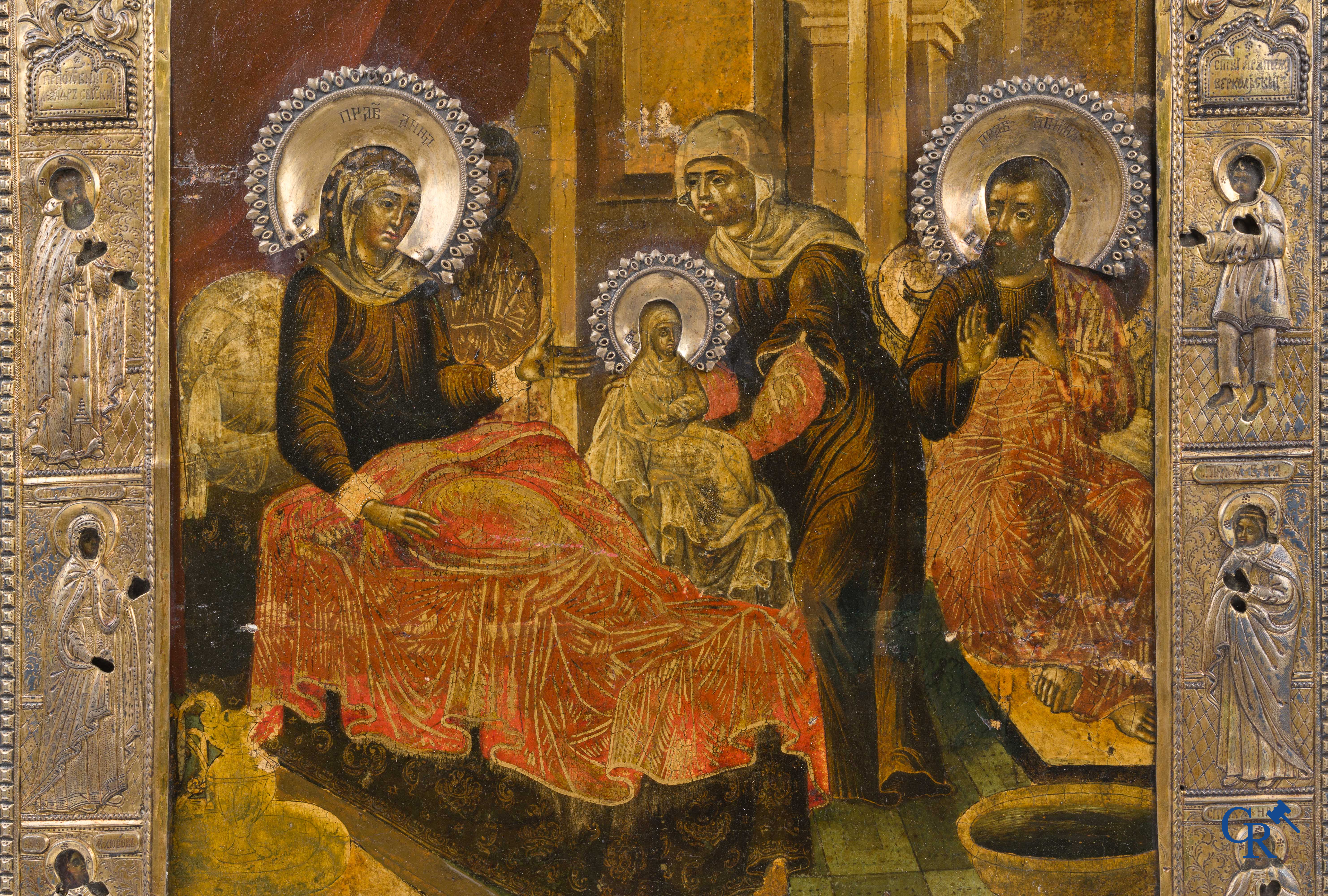 Russian work. The birth of Jesus. Important Russian icon with silver oklad. Silver grade 84 and dated 1883.