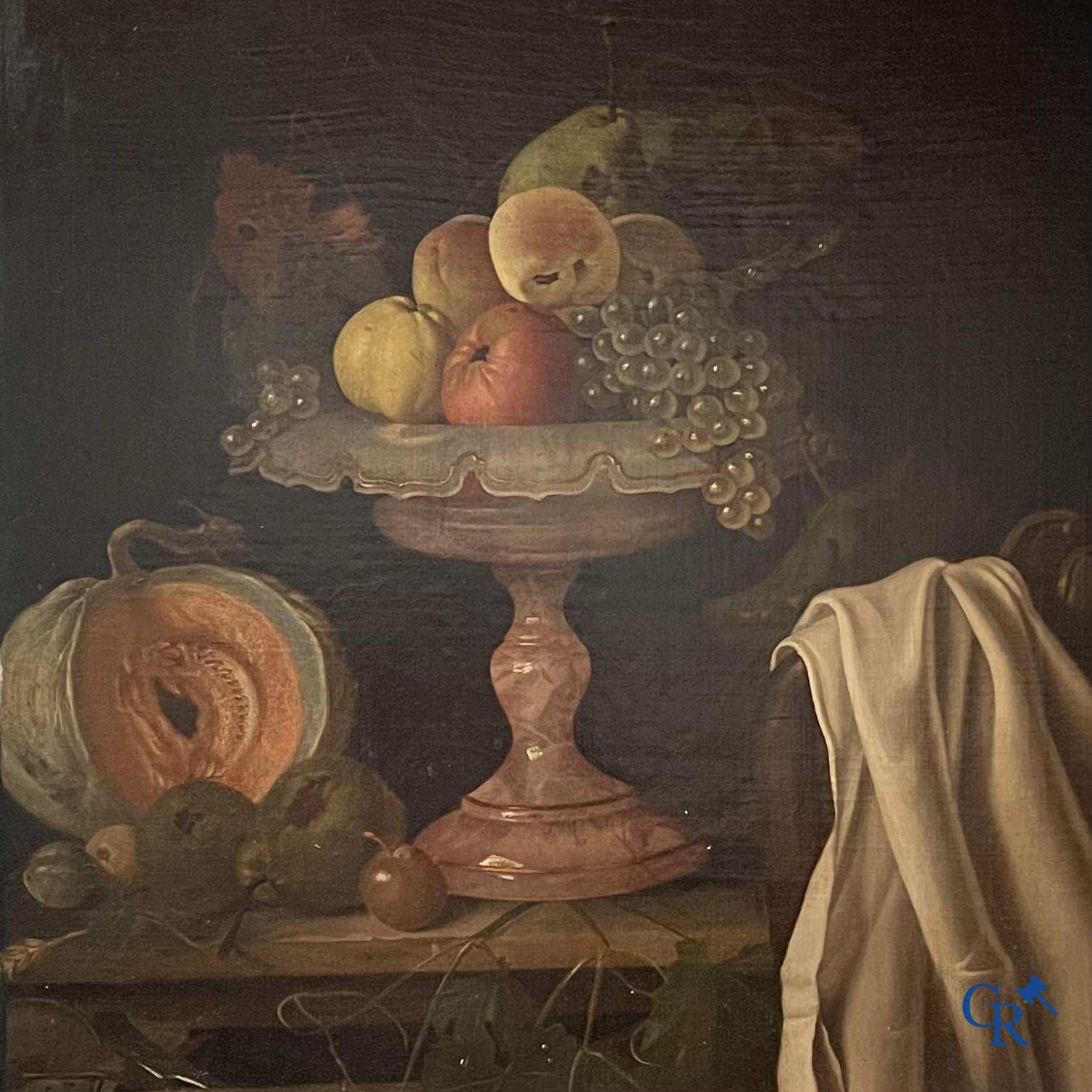 Schilderij, Stilleven met fruit in een vergulde empire lijst. Olie op doek. 19de eeuw.