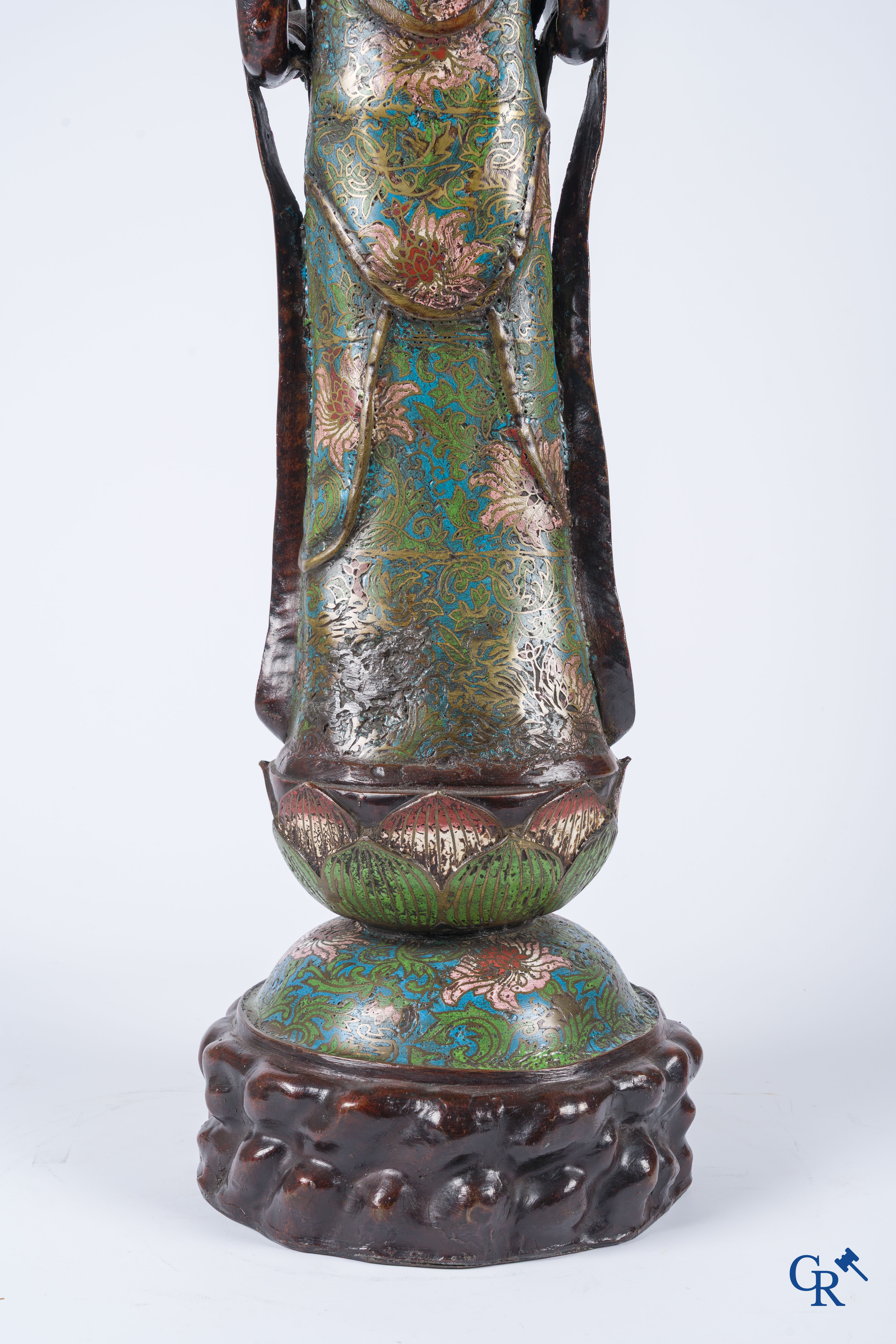 Asian Art, a large Japanese champlevé bronze figure of a standing Guanyin. 19th century.