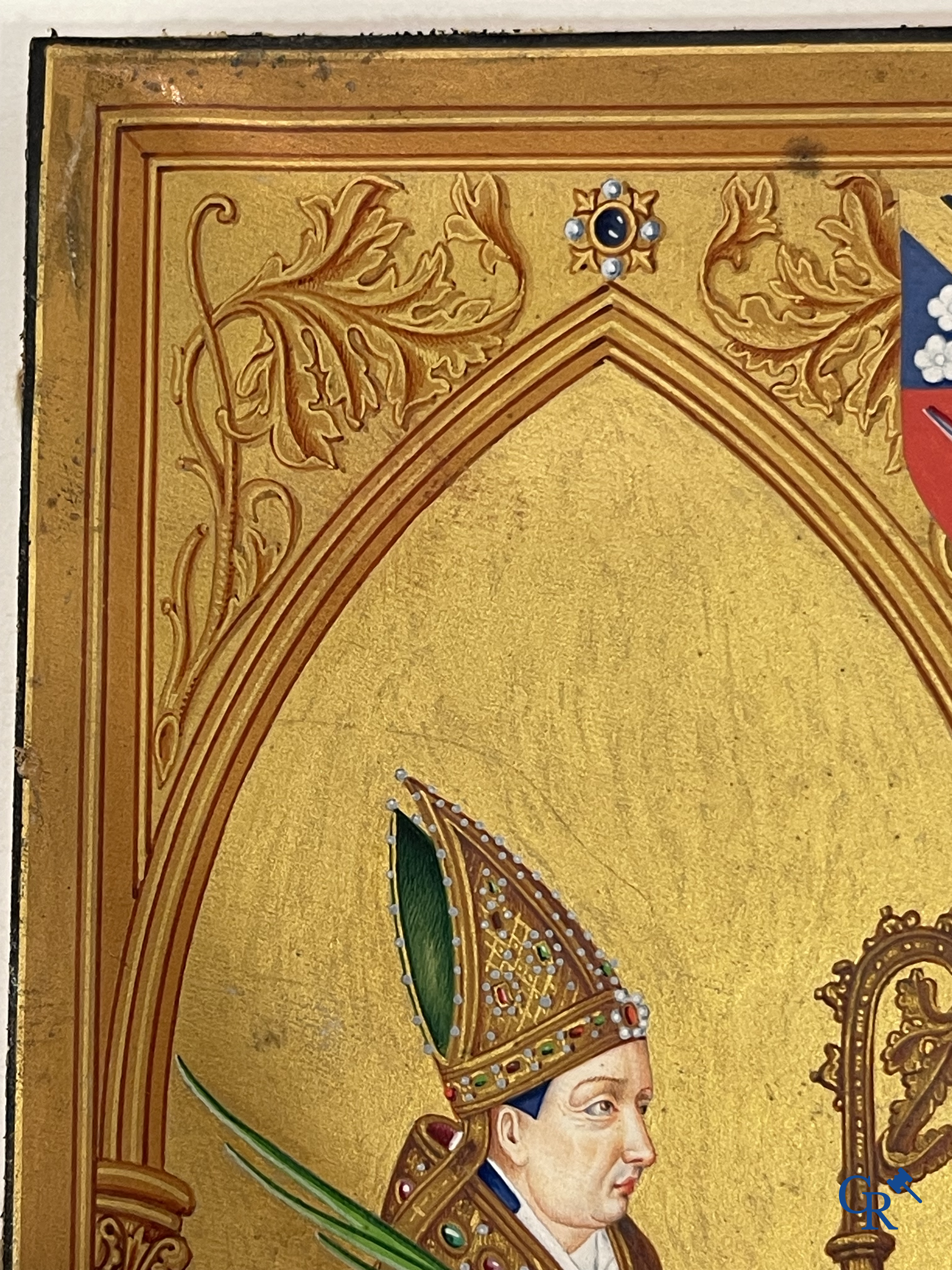 Uitzonderlijk miniatuurschilderij, Madonna en kind met de engelen. In de stijl van de Vlaamse Primitieven. 19e eeuw.