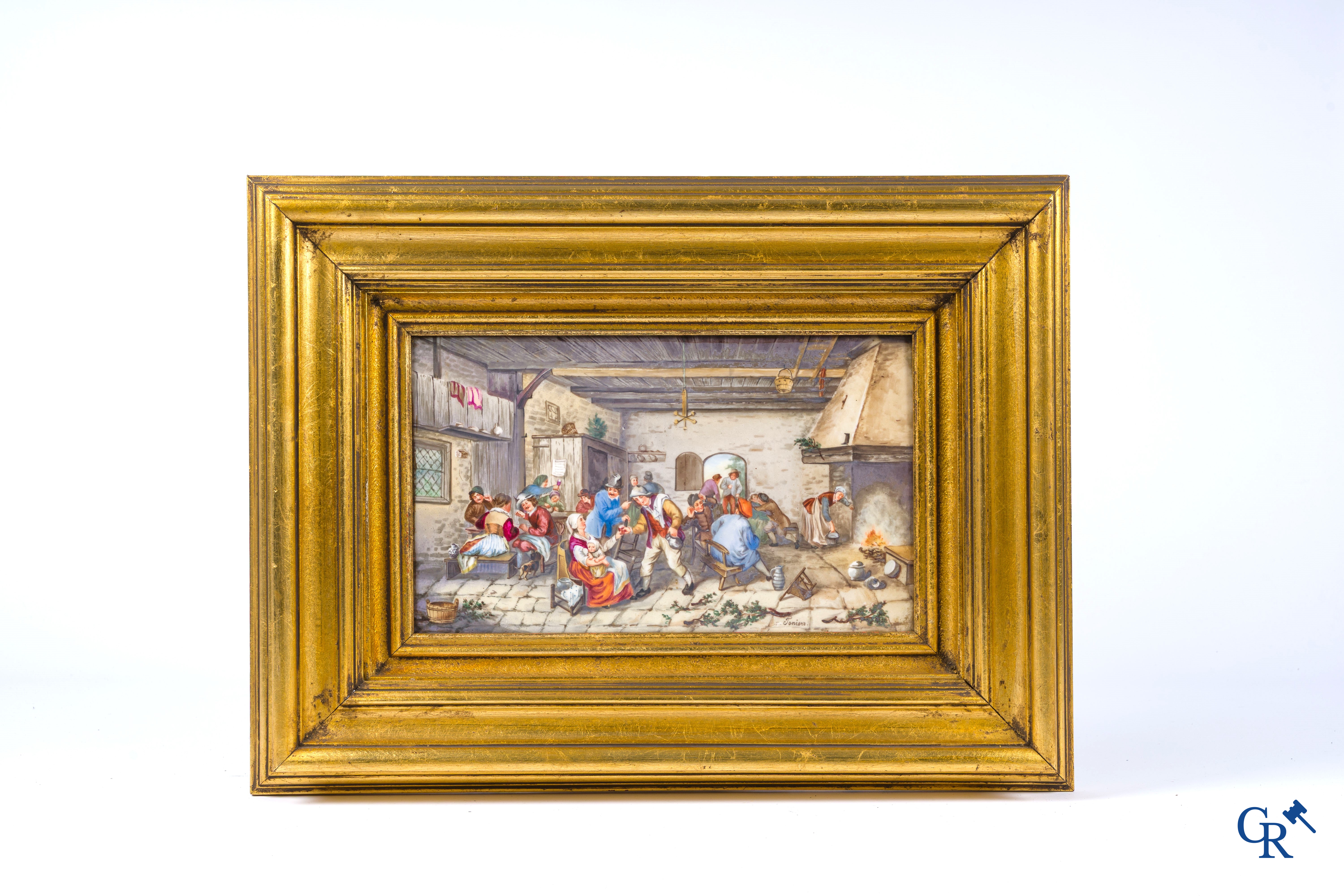 Teniers (after). A few paintings on porcelain with typical rural village scenes. Signed Teniers.