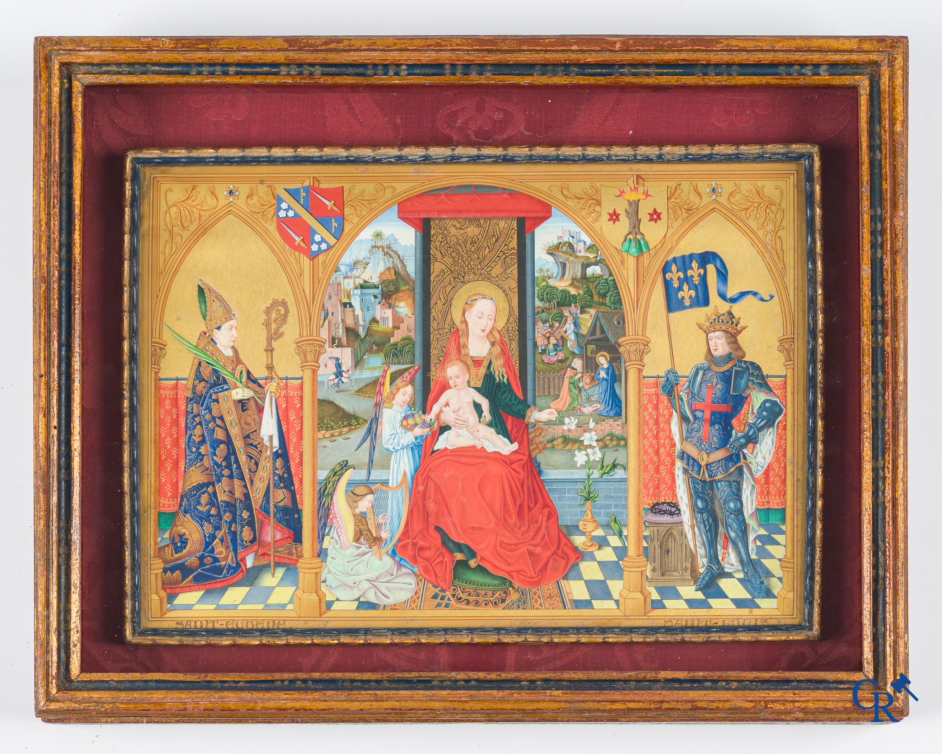 Uitzonderlijk miniatuurschilderij, Madonna en kind met de engelen. In de stijl van de Vlaamse Primitieven. 19e eeuw.