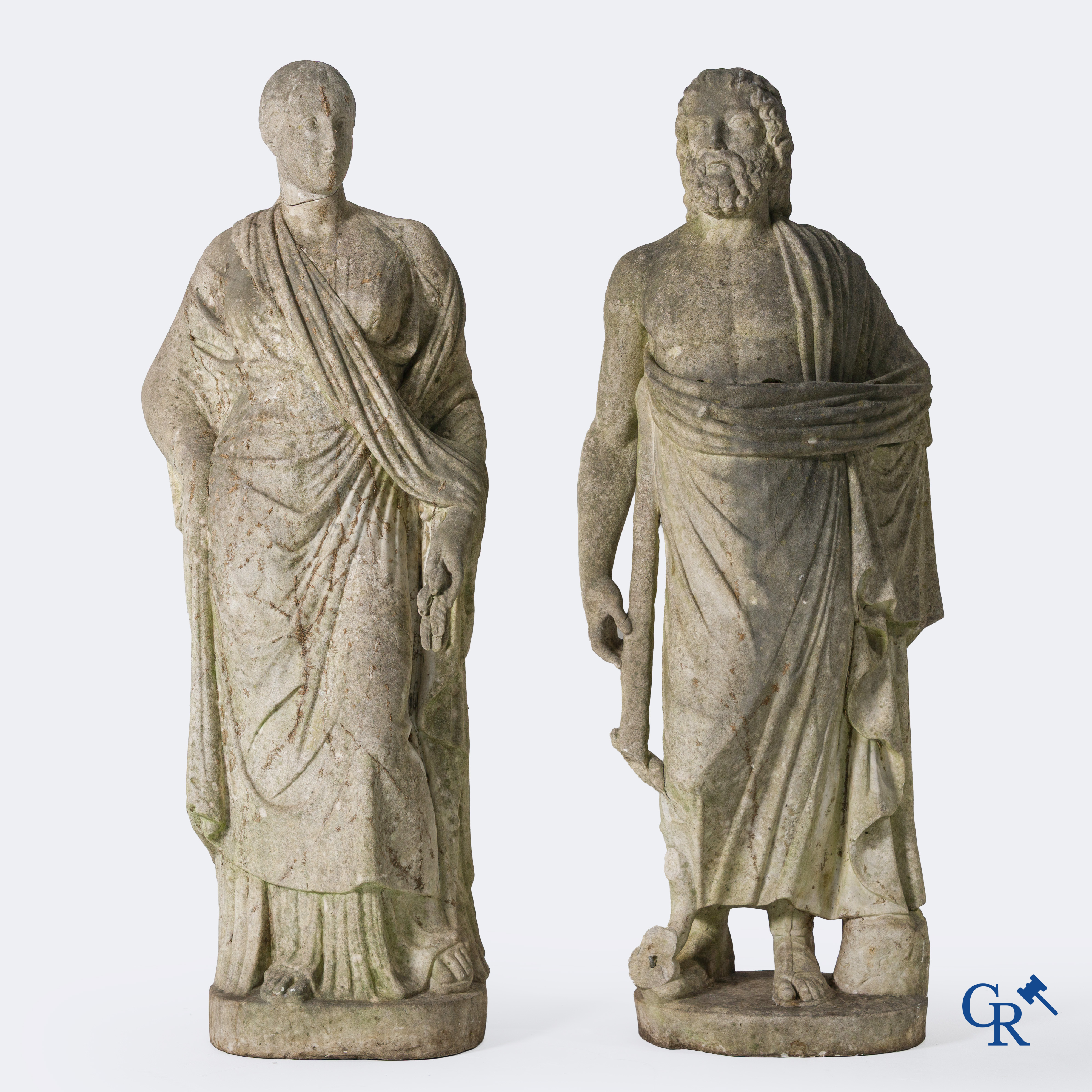 2 Imposing sculptures in carved marble. The Roman goddess Cerès and the Greek god Asklepios. Circa 1700-1750.