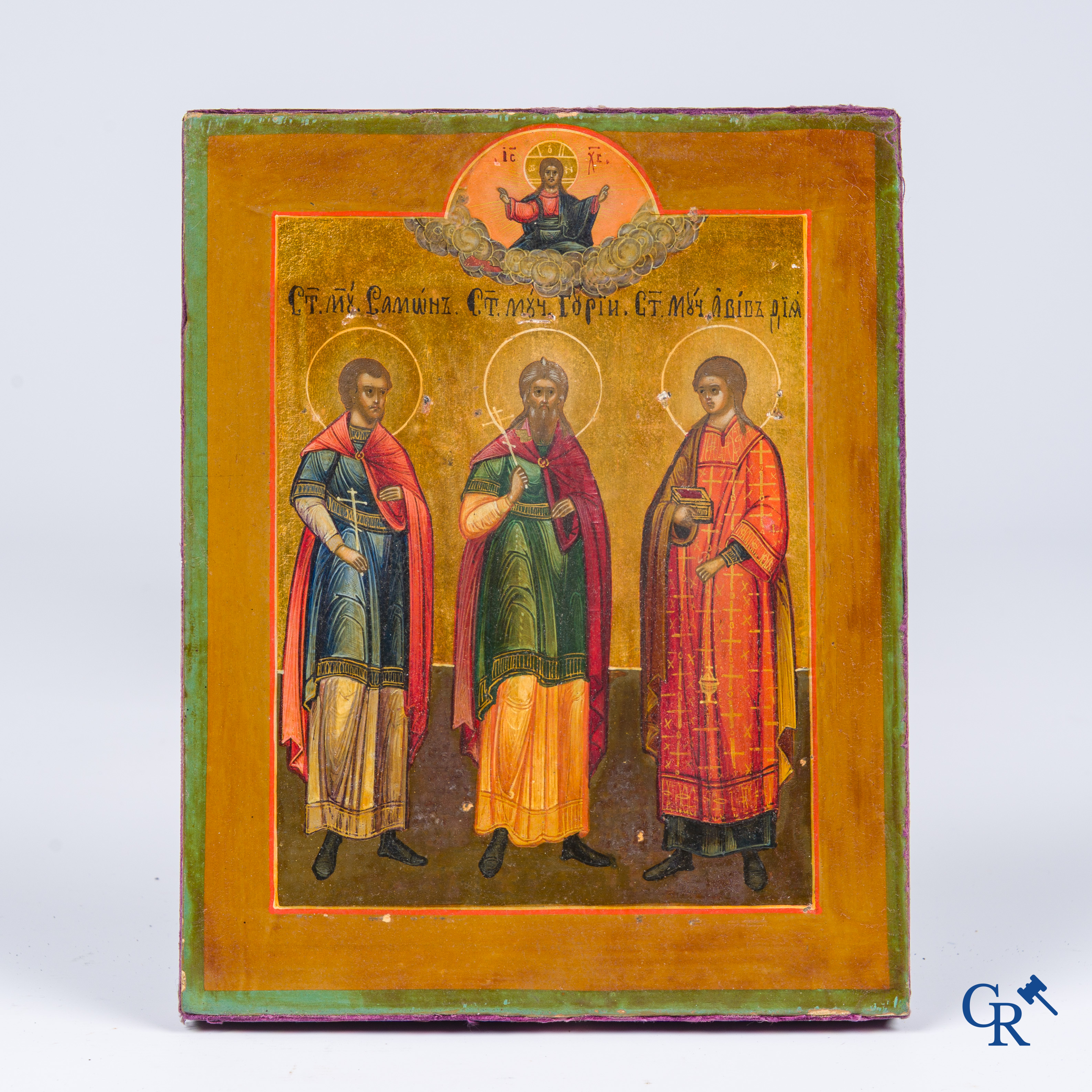 Russian work. Icon with oklad in silver 84, tempera on wood. Dated 1894. Hall marks.