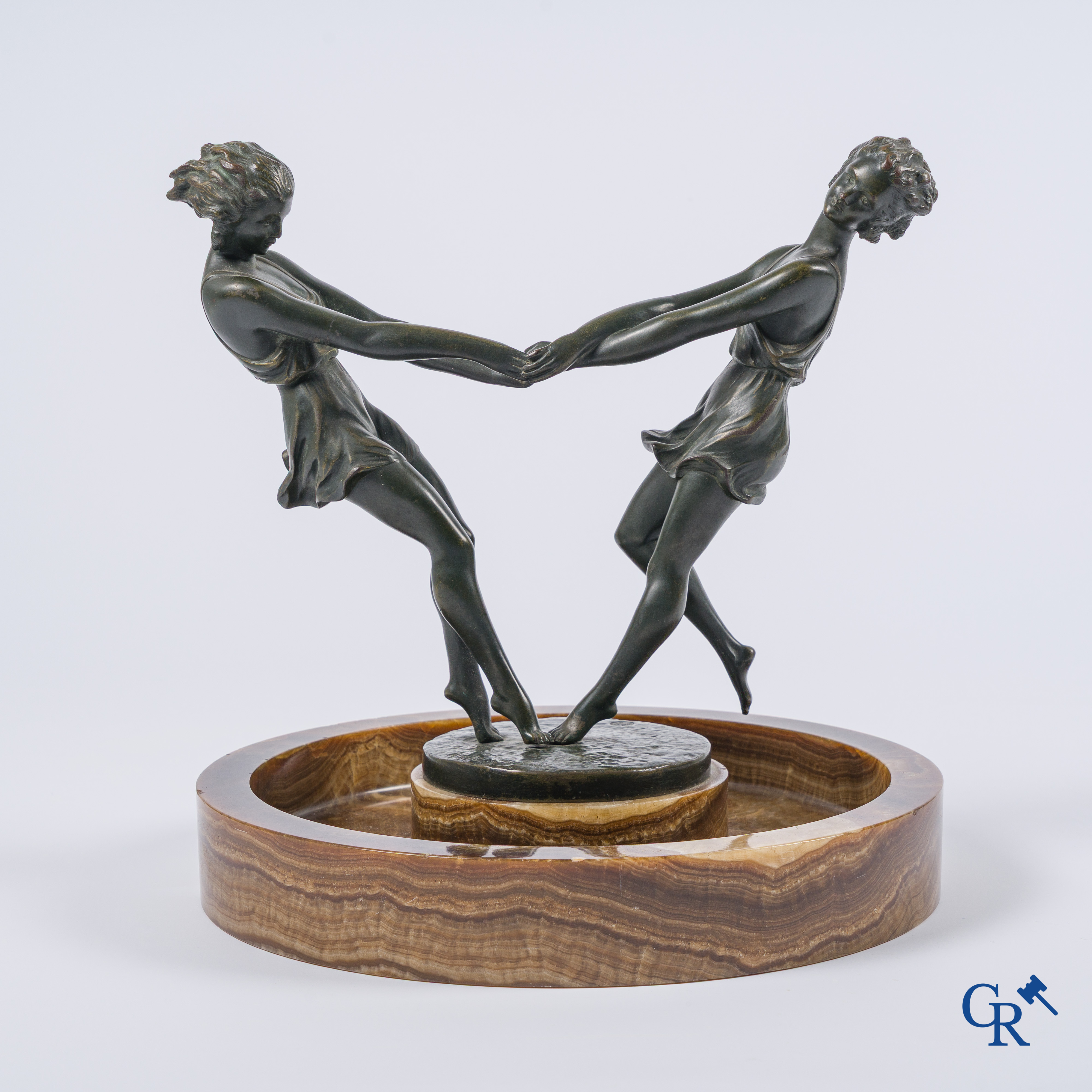 Art Deco, André Gilbert. Table center piece in bronze and onyx. Foundry LN Paris JL. Circa 1930.