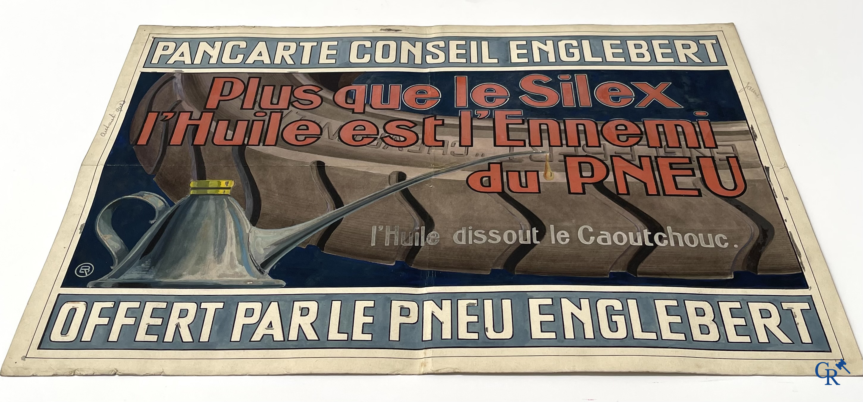 René Boby, een paar voorstelmodellen in gouache voor raadsborden van de Englebert bandenfabriek te Luik. Circa 1930.