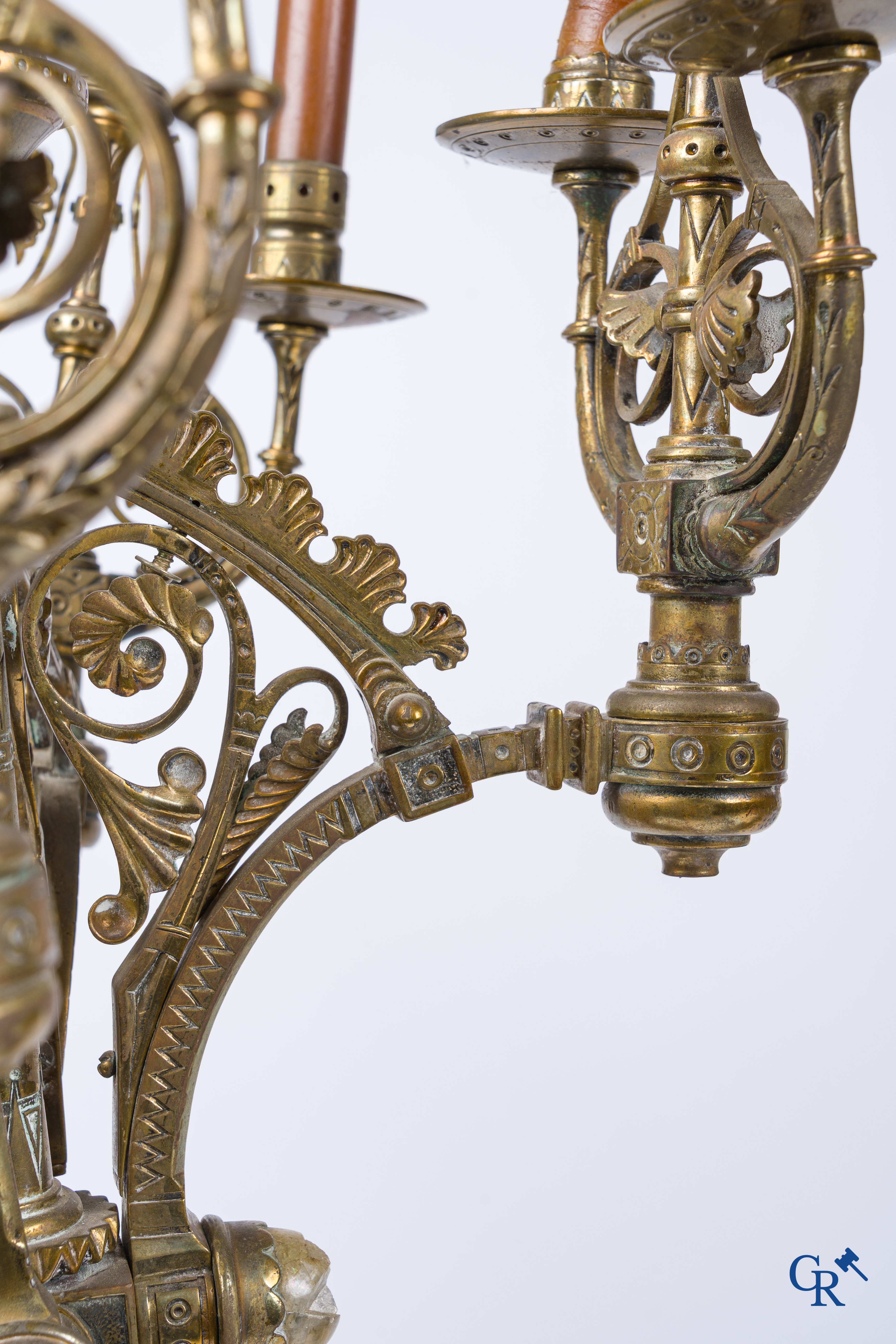 A pair of important bronze candlesticks decorated with various types of rock including amethyst. 19th century.