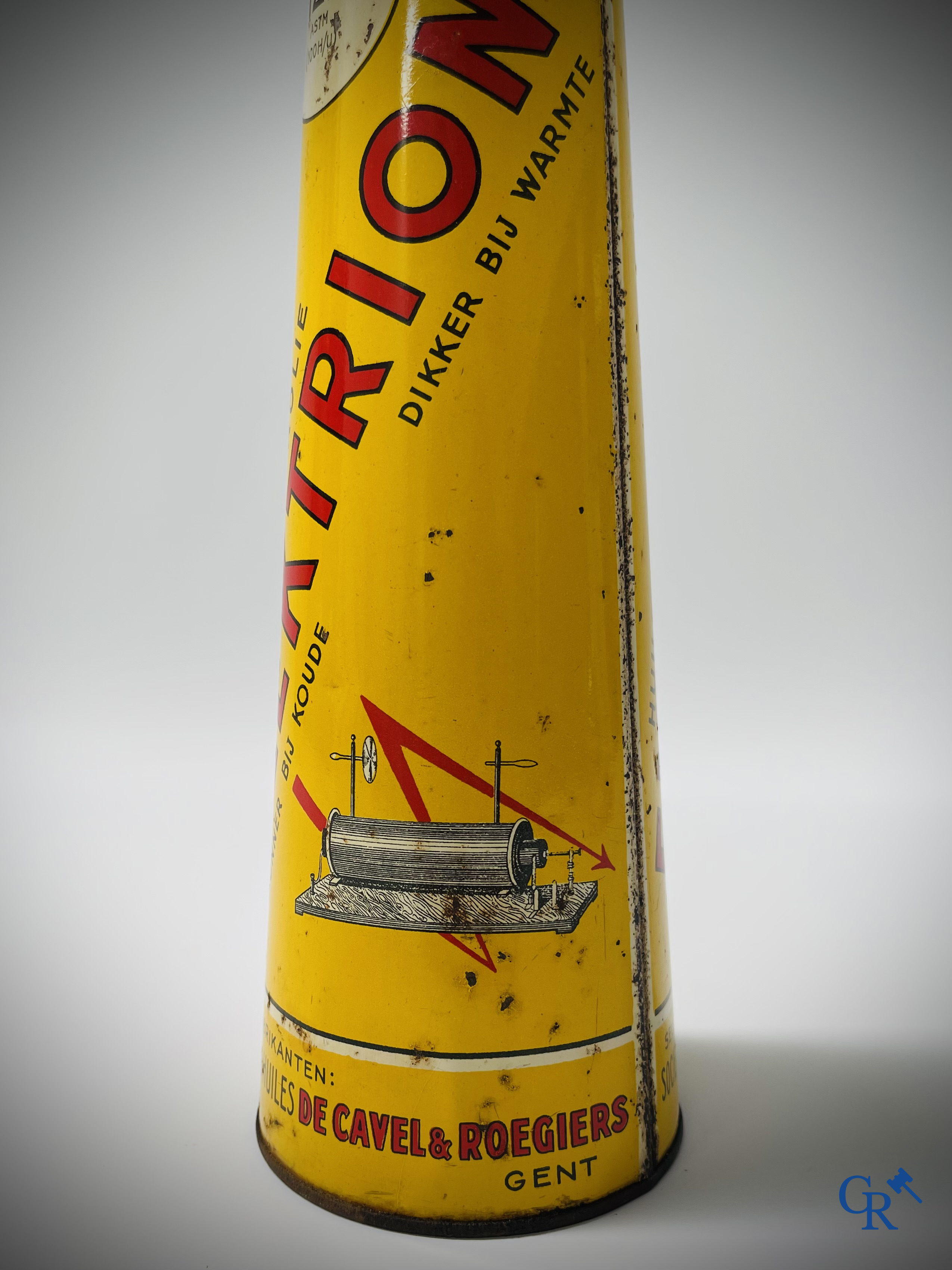 Elektrion, conisch olieblik 1 Liter. Société des Huiles De Cavel & Roegiers S.A. Gand. Ets. J.B. Gabriels Bruxelles.