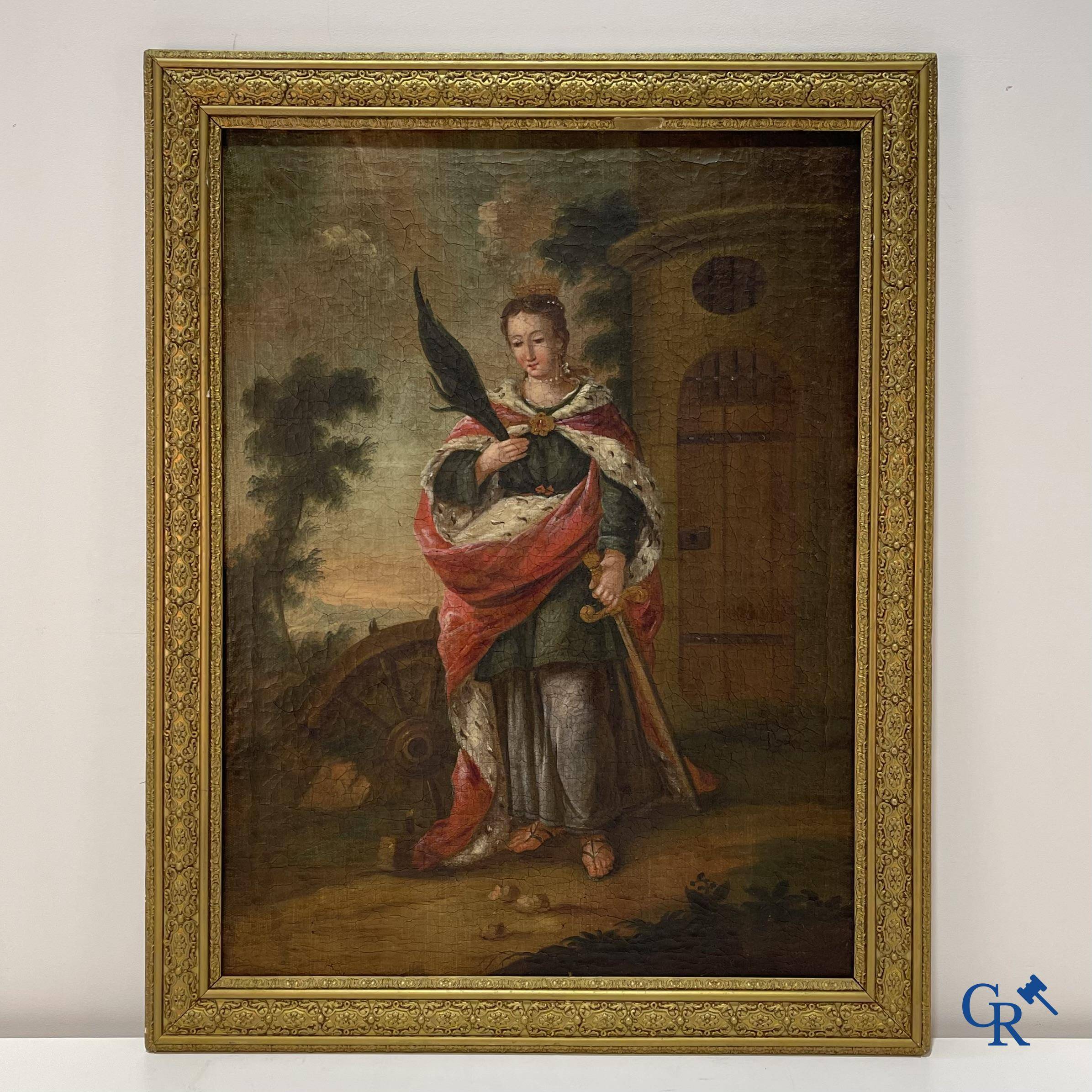 Religious painting, beautiful representation of Catherine of Alexandria at a tower. Early 18th century.