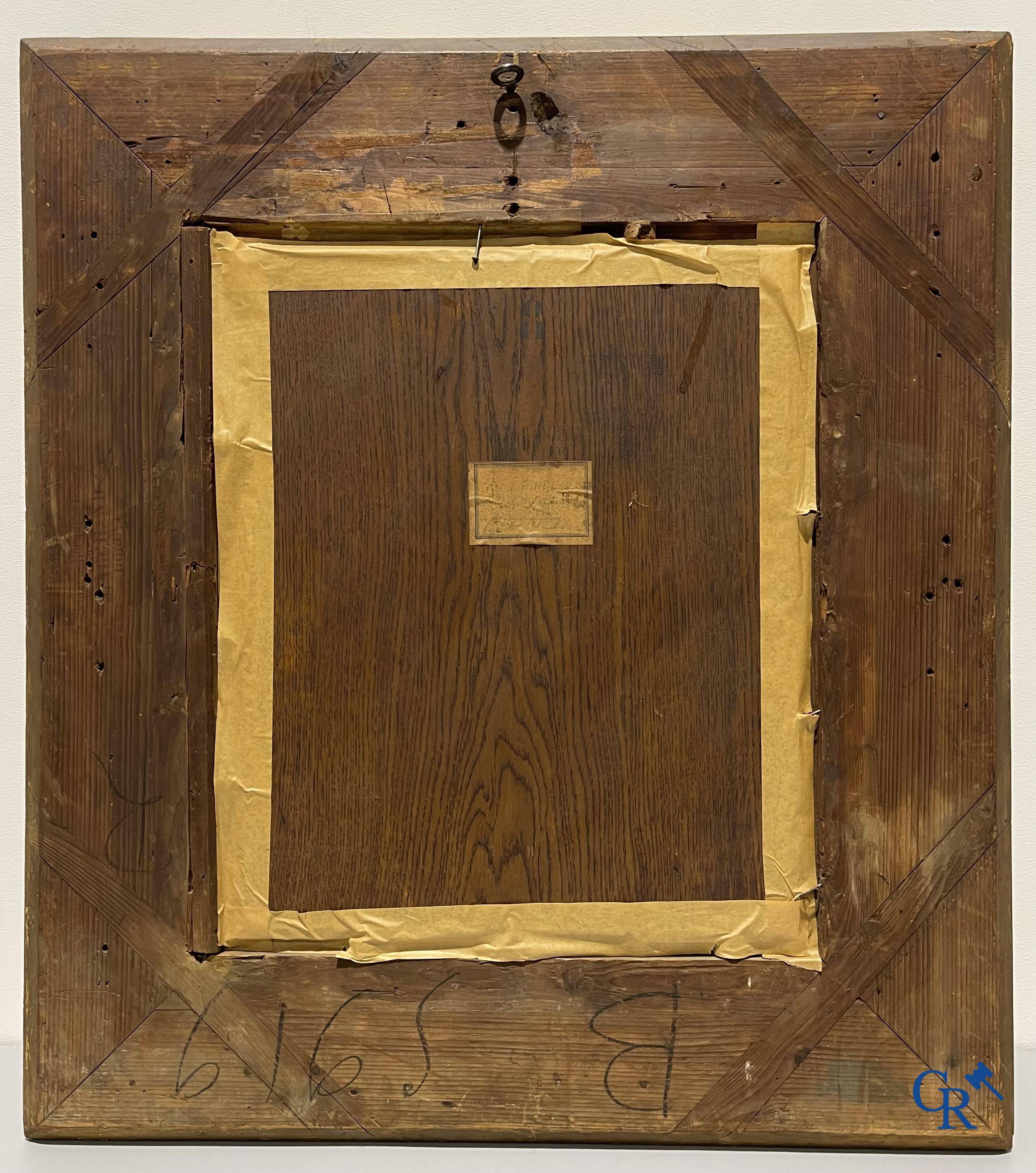 Eugène Benjamin Fichel (1826-1895) Romantic scene with beautiful gilded frame, oil on panel.