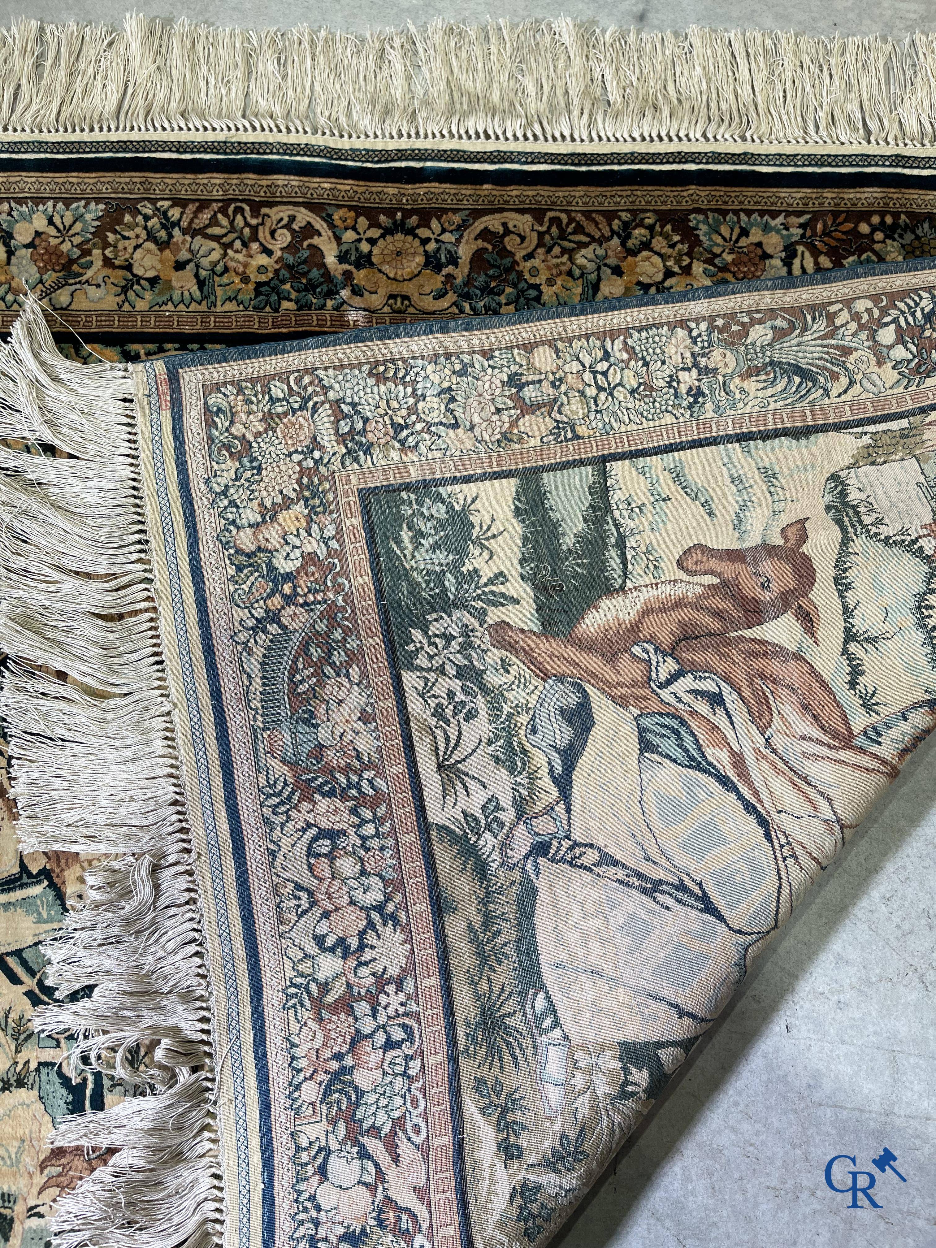 Oriental carpets, a finely knotted silk tapestry with Renaissance scenes. Signed.